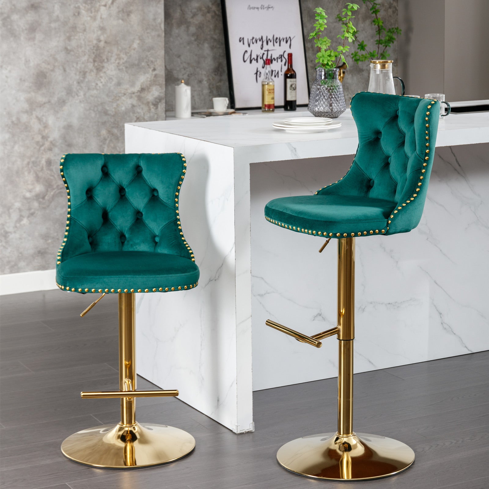 A&A Furniture,Golden Swivel Velvet Barstools Adjusatble Seat Height from 25-33 Inch, Modern Upholstered Bar Stools with Backs Comfortable Tufted for Home Pub and Kitchen Island（Green,Set of 2）