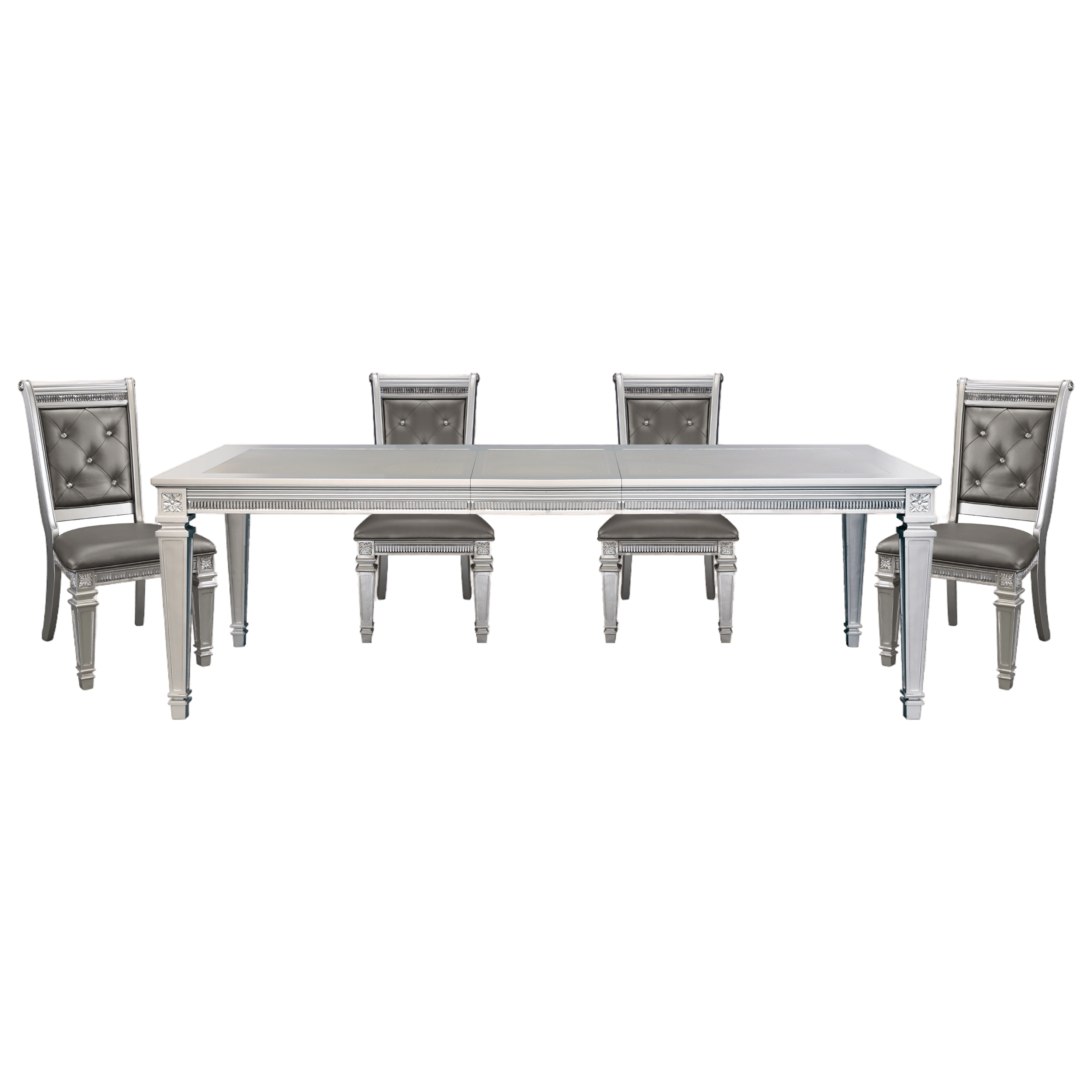 Silver Finish 5pc Dining Set Table w Leaf and 4x Side Chairs Modern Glam Style Crystal-Tufted Chairs Upholstered Seat Wooden Dining Room Furniture