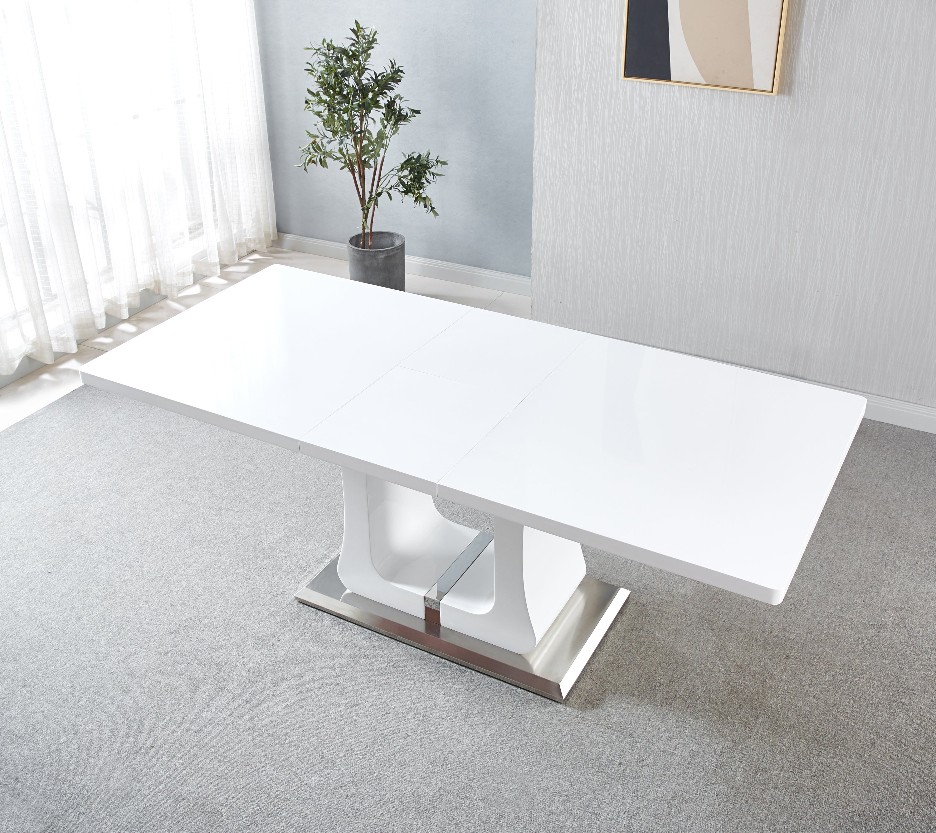 63"/78.7" Extendable Dining Table with Butterfly Leaf, High Gloss Lacquer Coating and Pedestal Base in White/Chrome