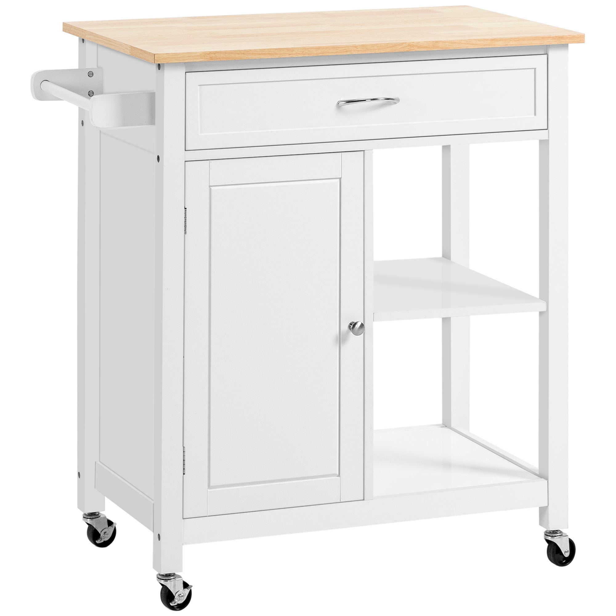 HOMCOM Kitchen Island Cart, Rolling Kitchen Island with Storage, Solid Wood Top, Drawer, for Dining Room, White