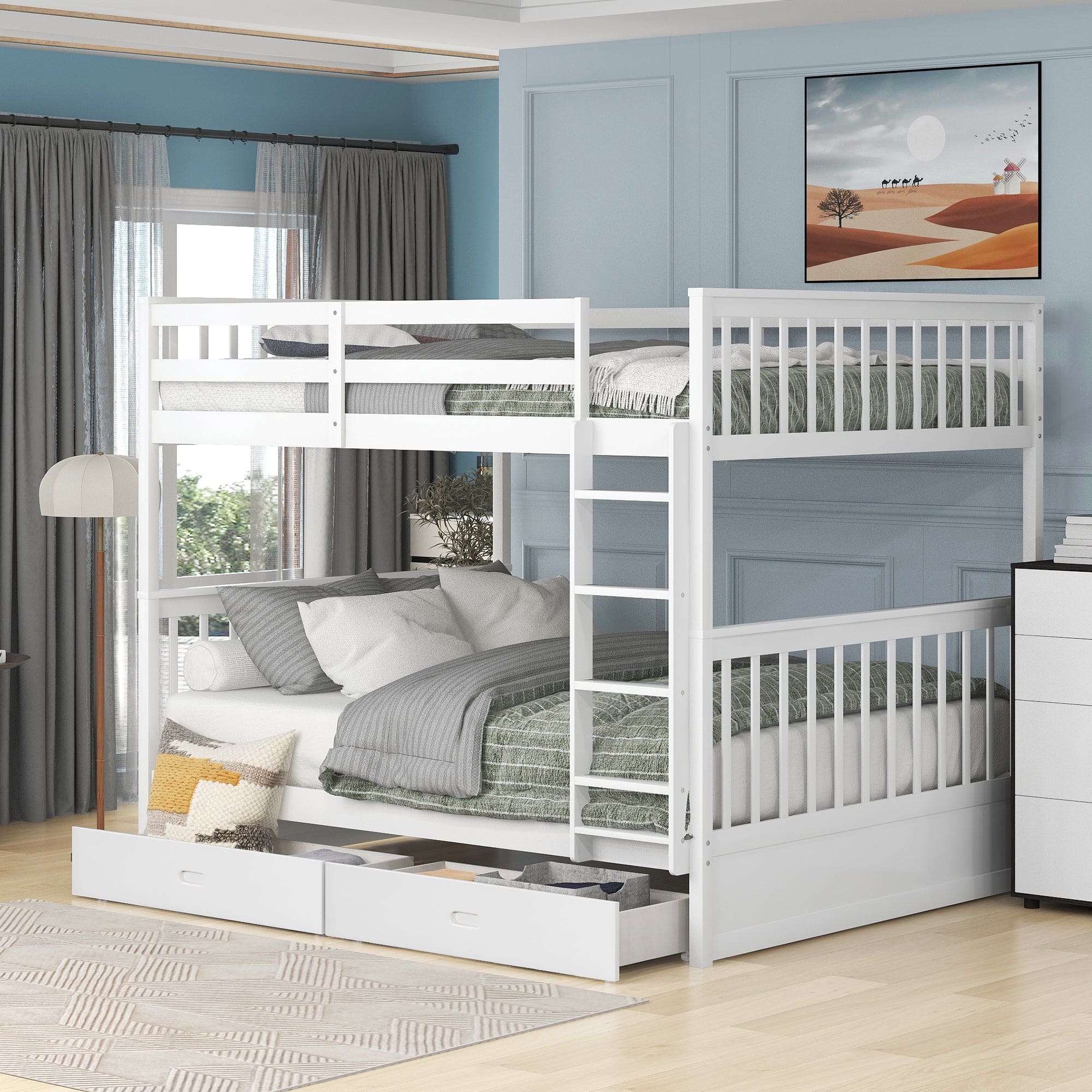 Full-Over-Full Bunk Bed with Ladders and Two Storage Drawers (White)(OLD SKU:LT000365AAK)