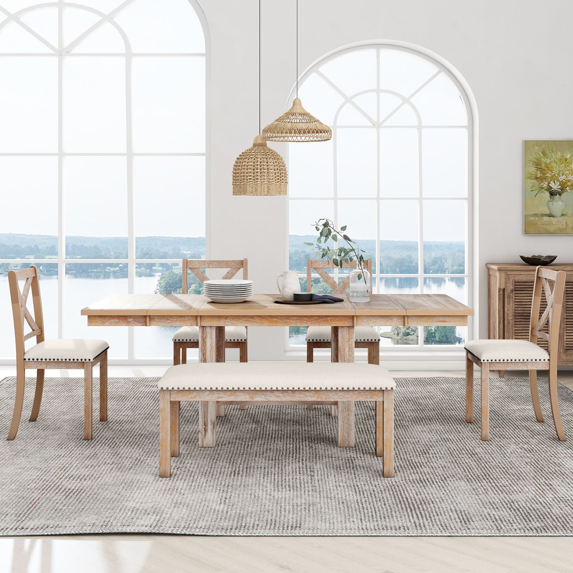 TOPMAX Farmhouse 82inch 6-Piece Extendable Dining Table with Footrest, 4 Upholstered Dining Chairs and Dining Bench, Two 11"Removable Leaf, Natural+Beige Cushion