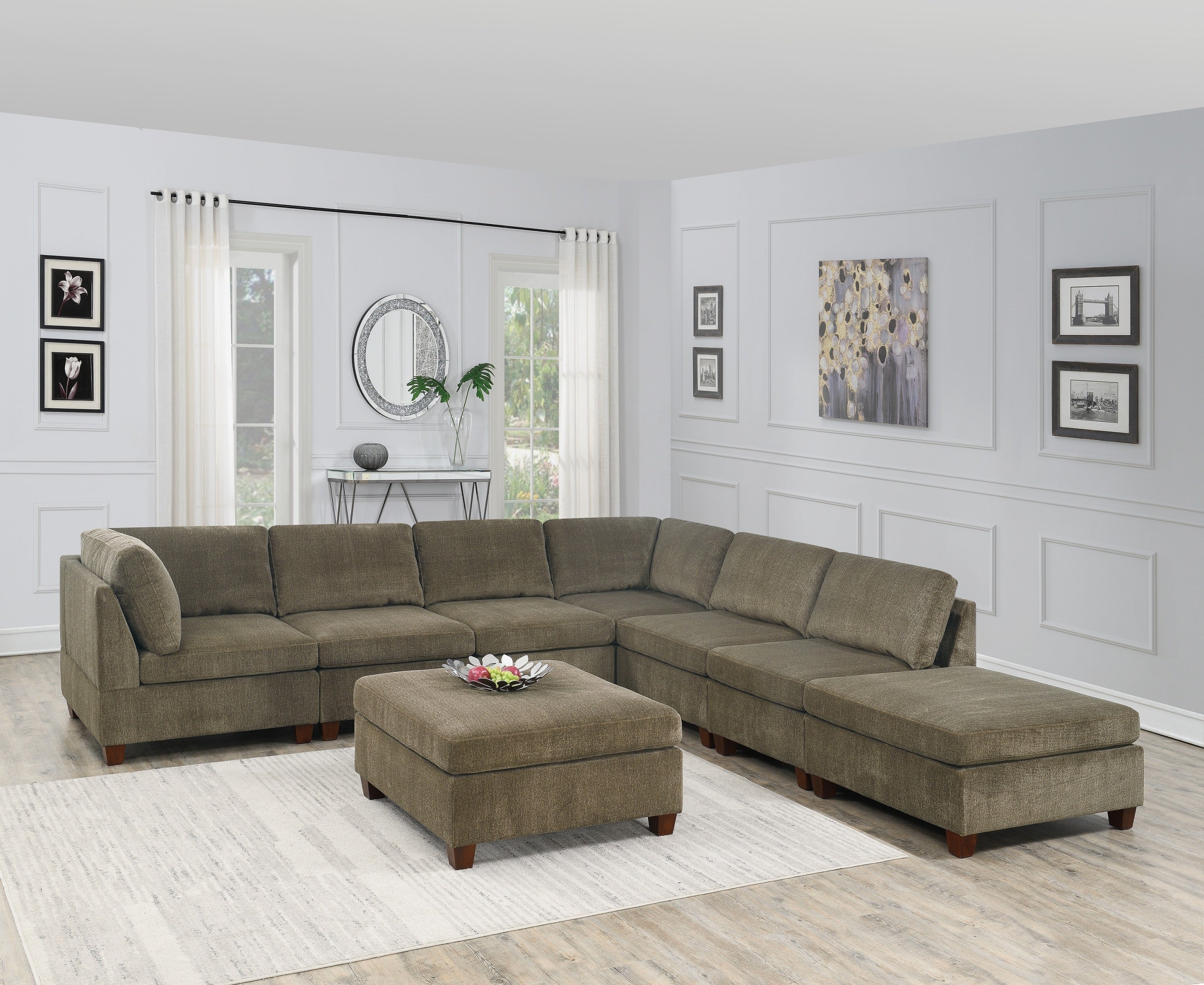 Living Room Furniture Tan Chenille Modular Sectional 8pc Set L-Sectional Modern Couch 2x Corner Wedge 4x Armless Chairs and 2x Ottoman Plywood