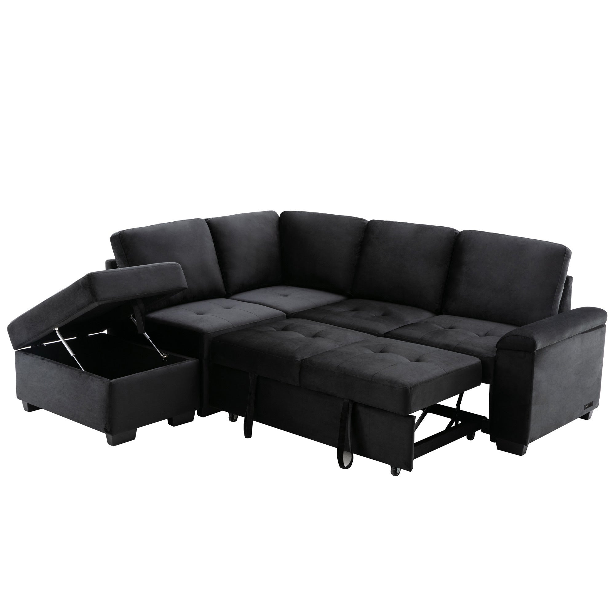 Sleeper Sectional Sofa, L-Shape Corner Couch Sofa-Bed with Storage Ottoman & Hidden Arm Storage & USB Charge  for Living Room Apartment, Black