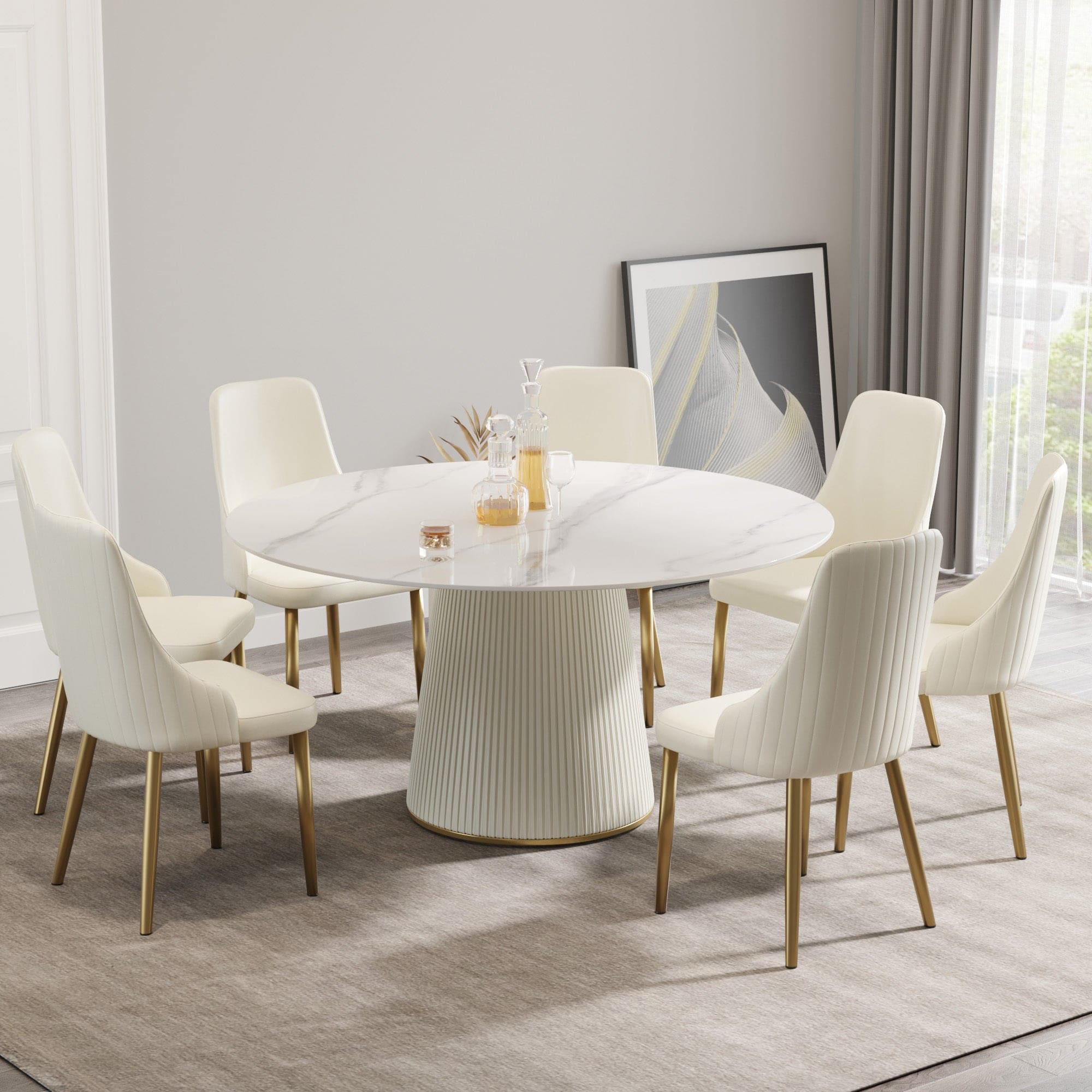 59.05 "Modern white artificial stone round beige plywood PU base dining table-can accommodate 8 people. (Not including chairs. )