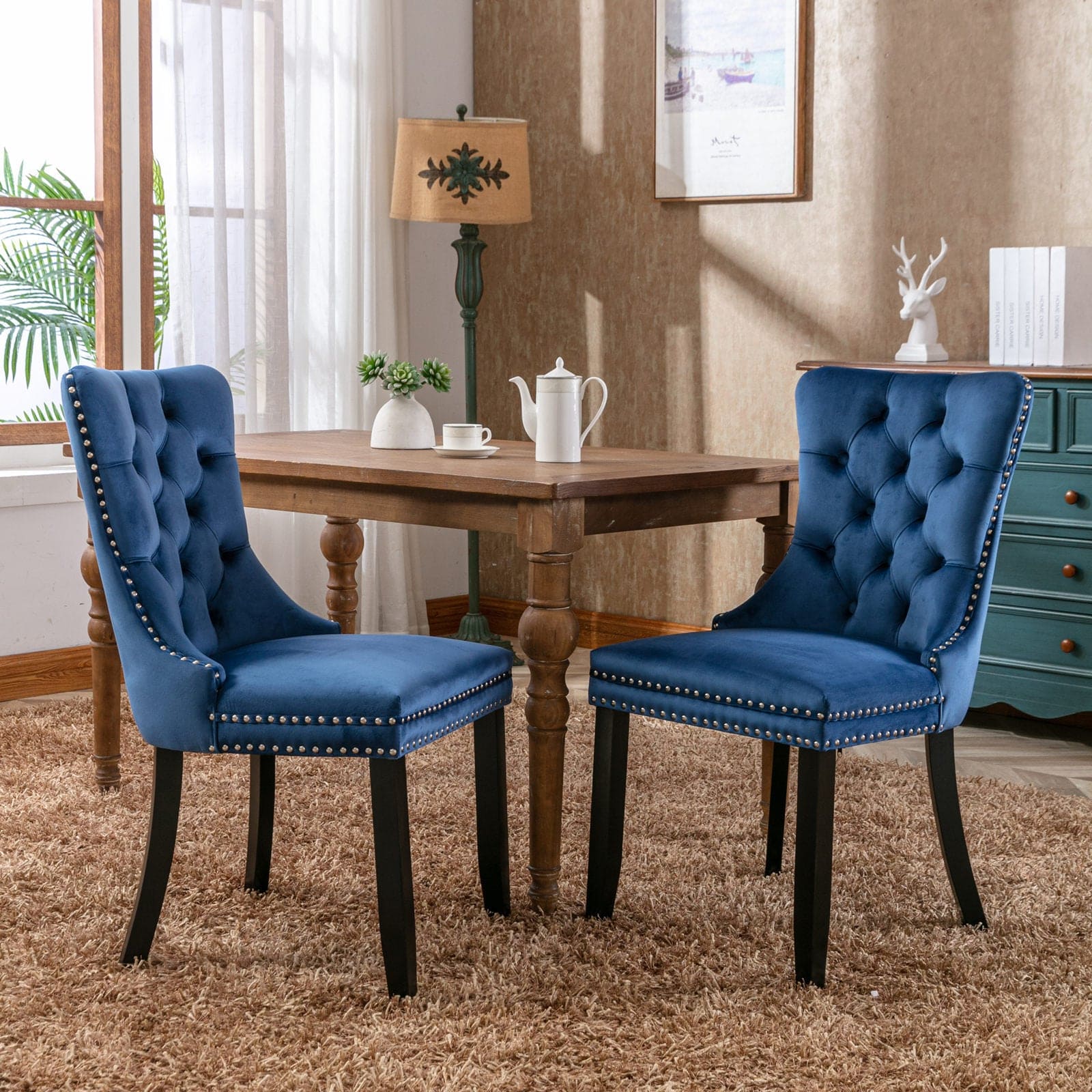 Nikki Collection Modern, High-end Tufted Solid Wood Contemporary Velvet Upholstered Dining Chair with Wood Legs Nailhead Trim 2-Pcs Set,Blue, SW2001BL