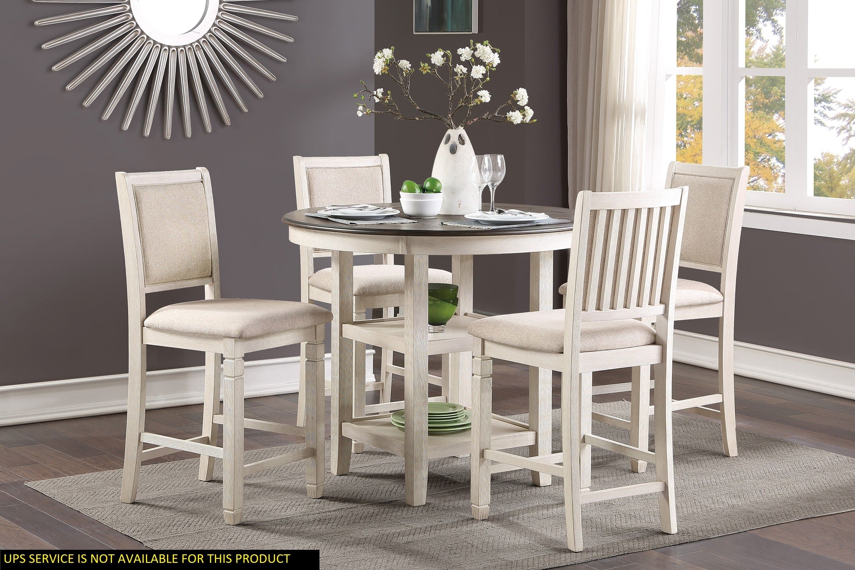 Antique White and Brown Finish 5pc Counter Height Dining Set Table w Built-in Shelves and 4x Counter Height Chairs Wooden Dining Room Furniture