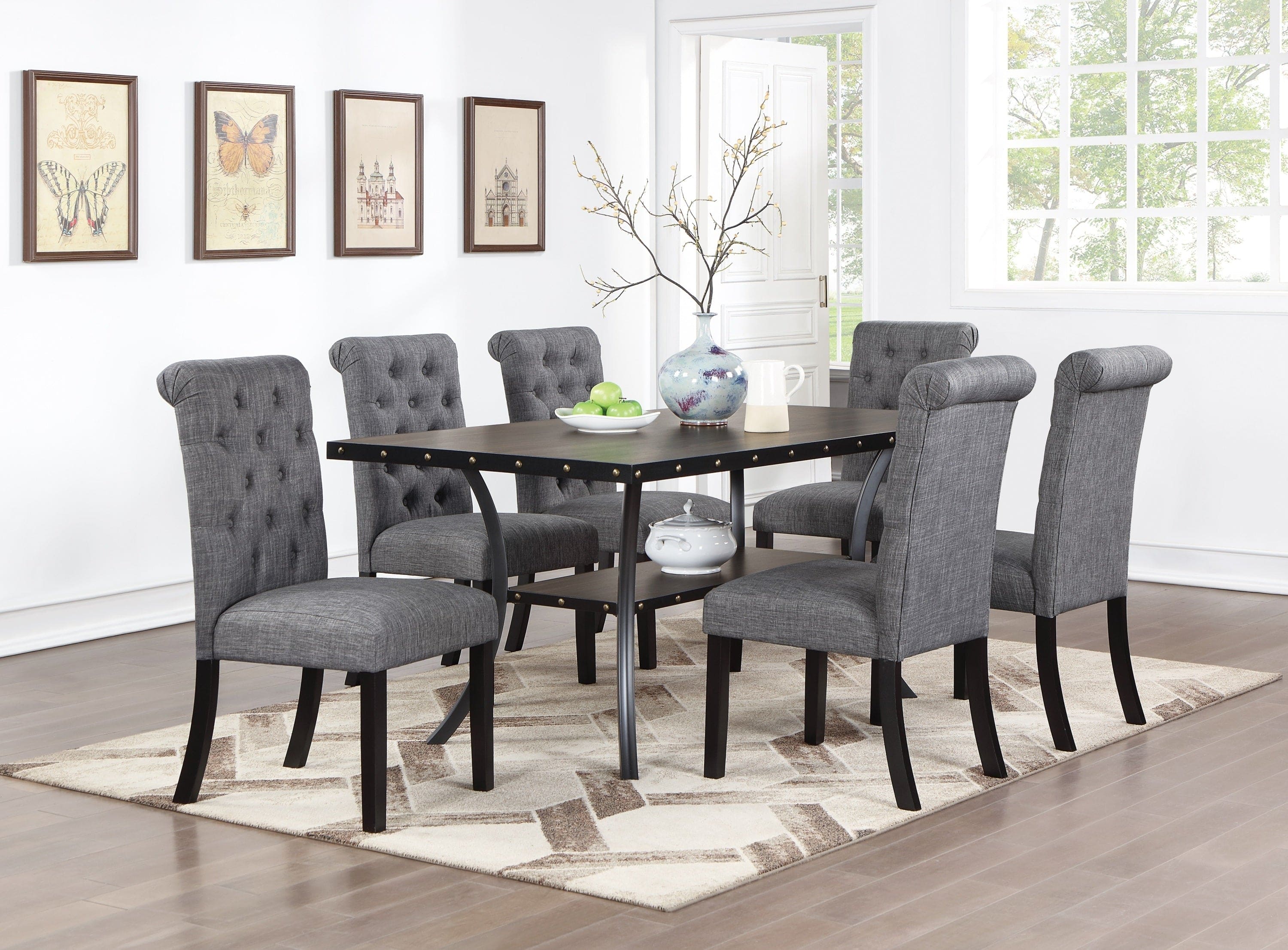 Classic Dining Room Furniture Natural Wooden Rectangle Top Dining Table 6x Side Chairs Charcoal Fabric Tufted Toll Back Top Back Chair Nail heads Trim and Storage Shelve 7pc Dining Set