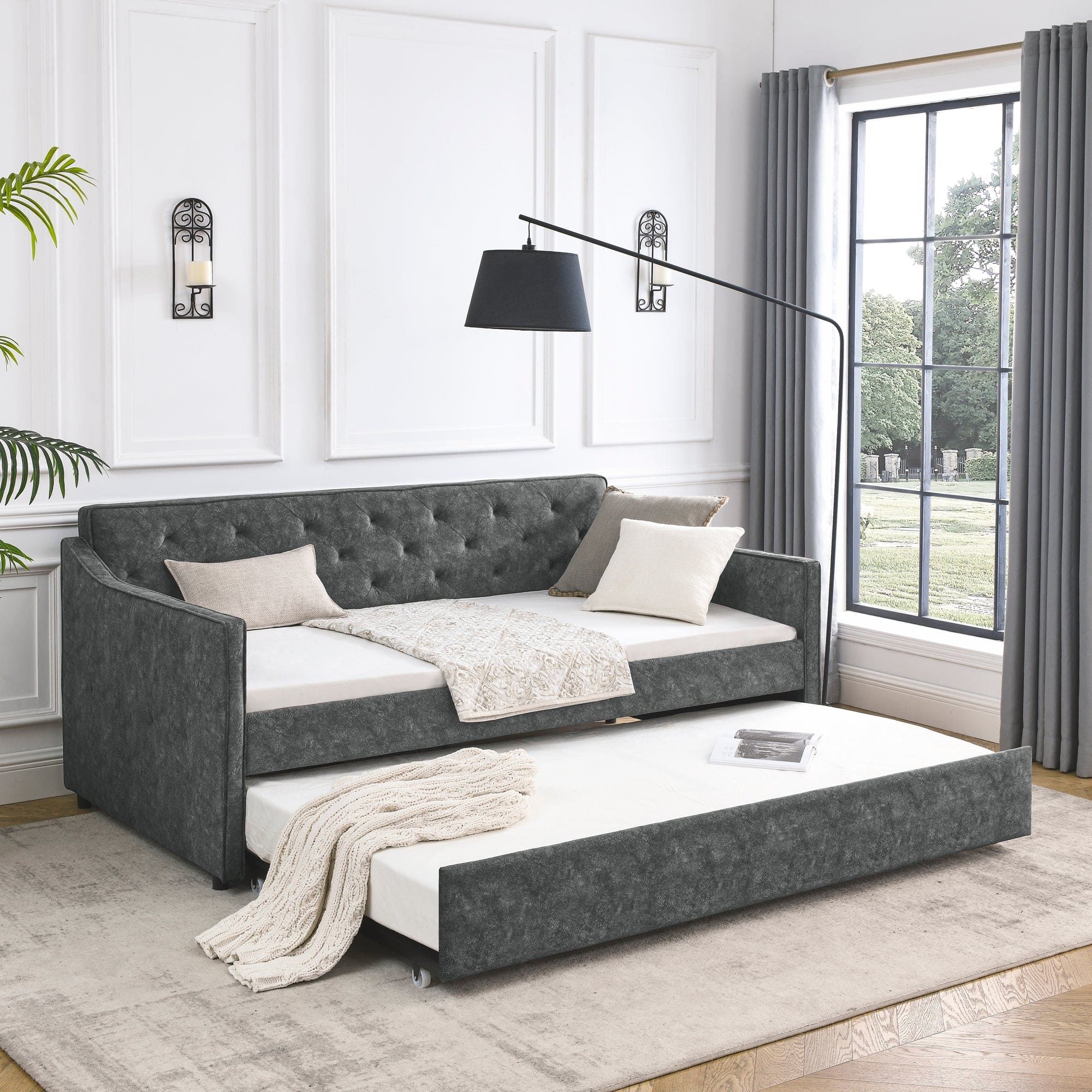 Twin Size Daybed with Twin Size Trundle Upholstered Tufted Sofa Bed,  Waved Shape Arms, Grey (80.5"x44.5"x33.5")