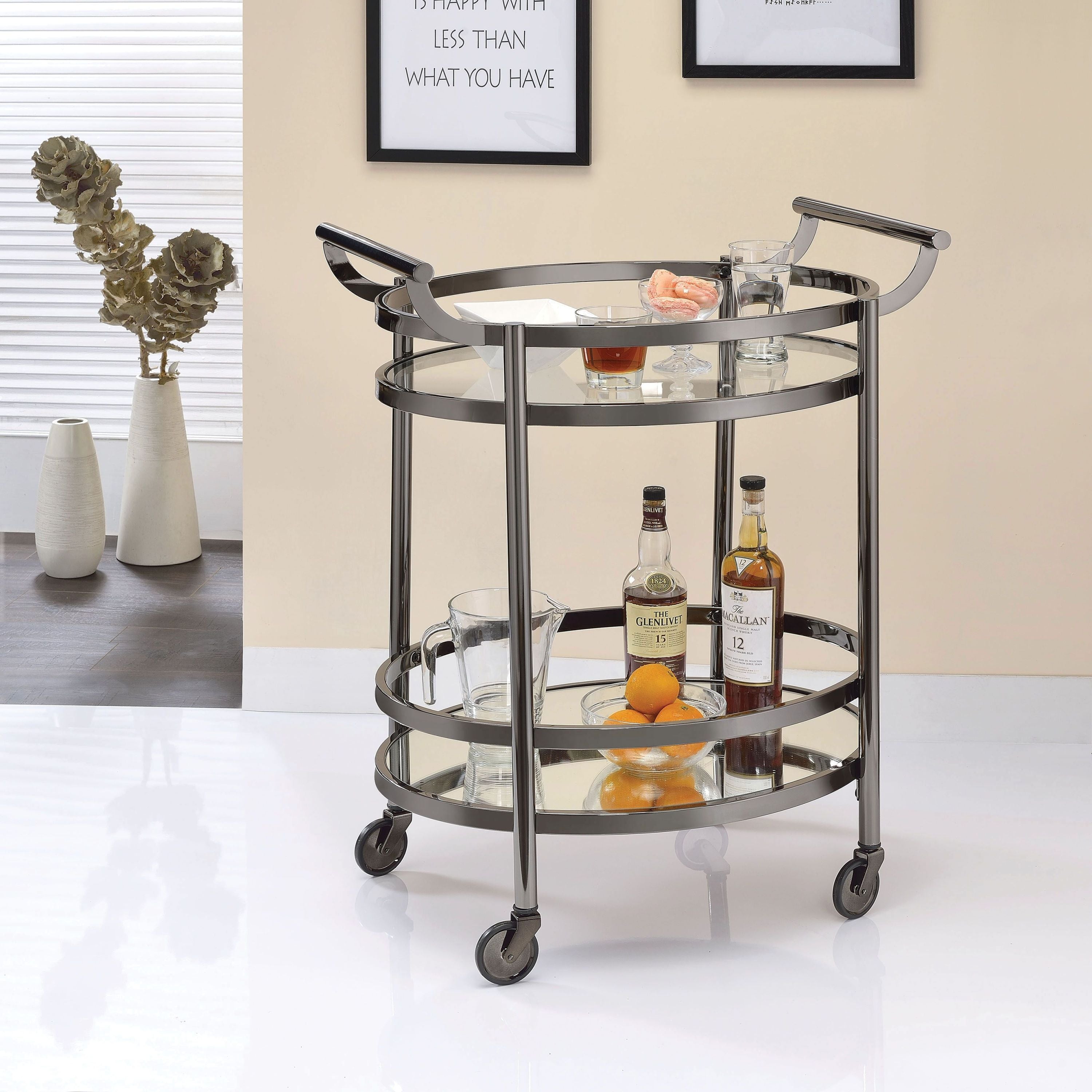 ACME Lakelyn Serving Cart, Black Nickel & Clear Glass 98191