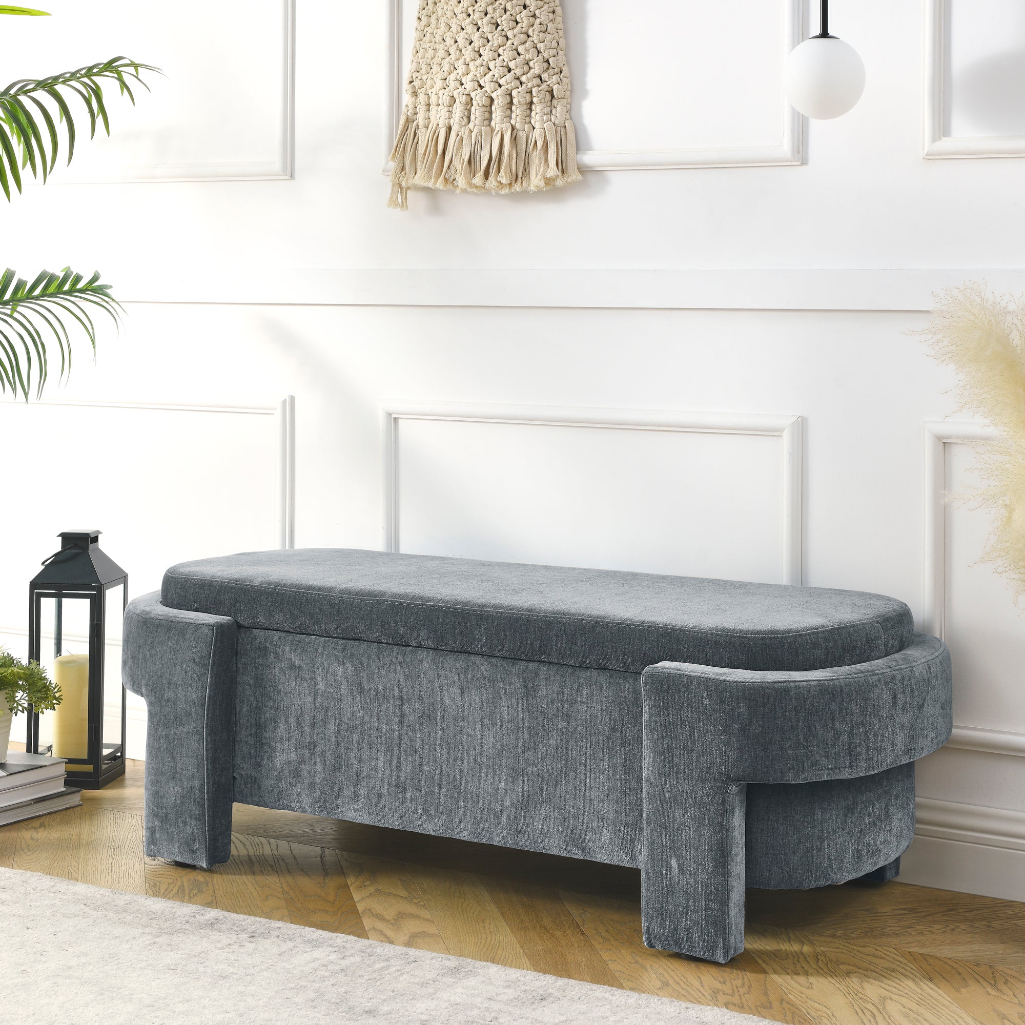 Chenille Upholstered Bench with Large Storage Space for the Living Room, Entryway and Bedroom,Grey,( 51.5''x20.5''x17'' )