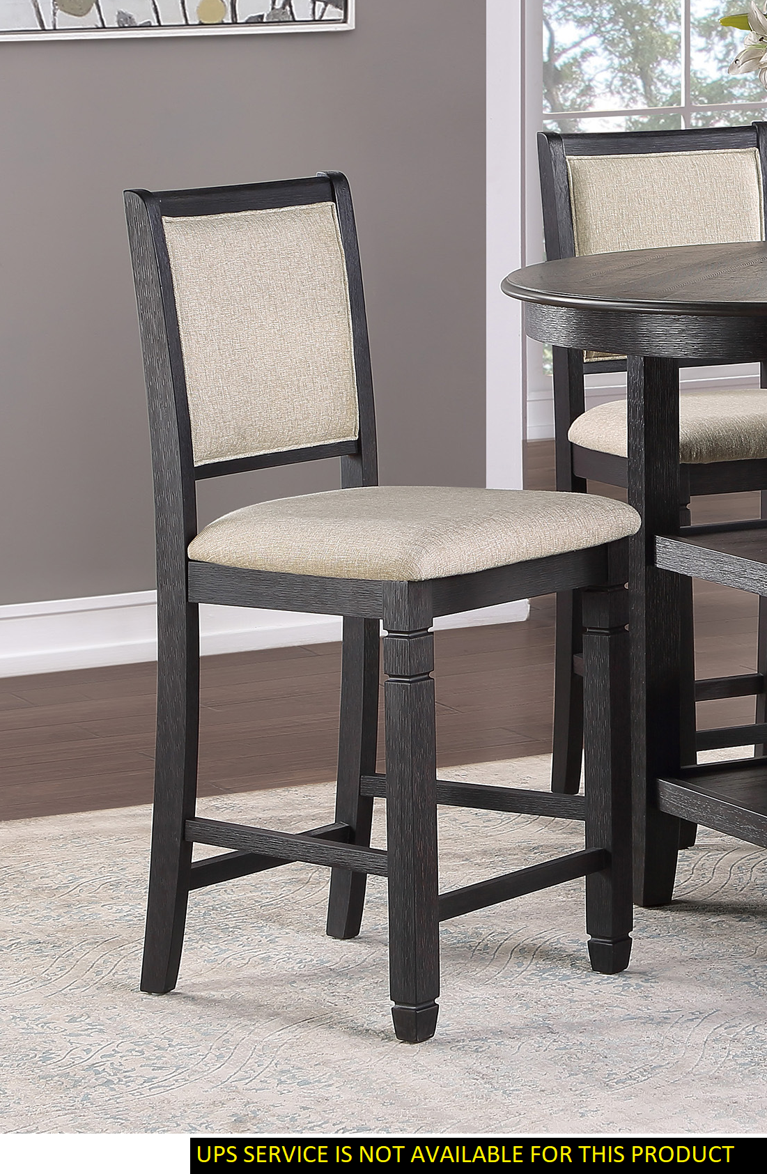 Beautiful Black Finish Wooden Counter Height Chairs 2pcs Set Beige Color Textured Fabric Upholstered Dining Chairs