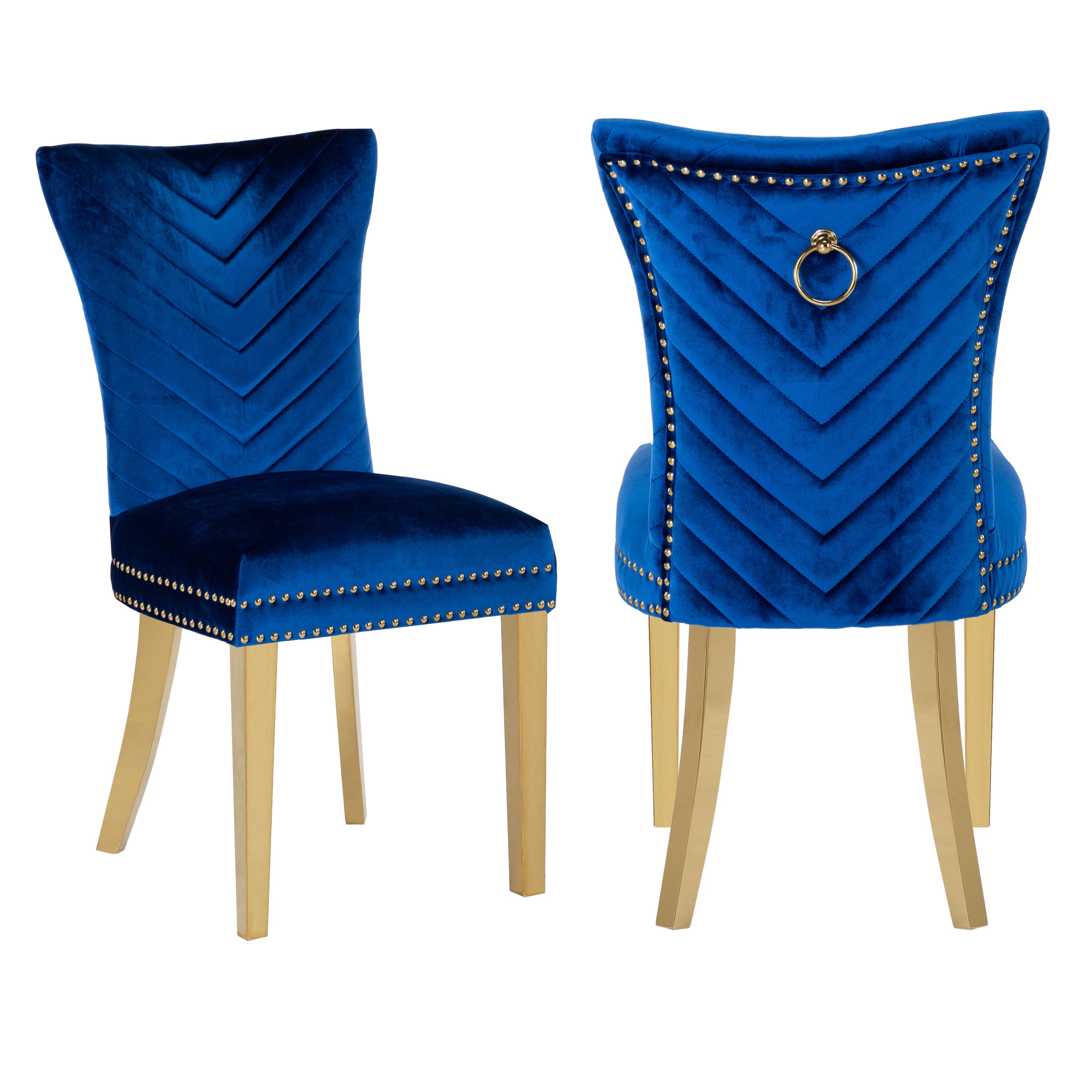 Eva 2 Piece Gold Legs Dining Chairs Finished with Velvet Fabric in Blue