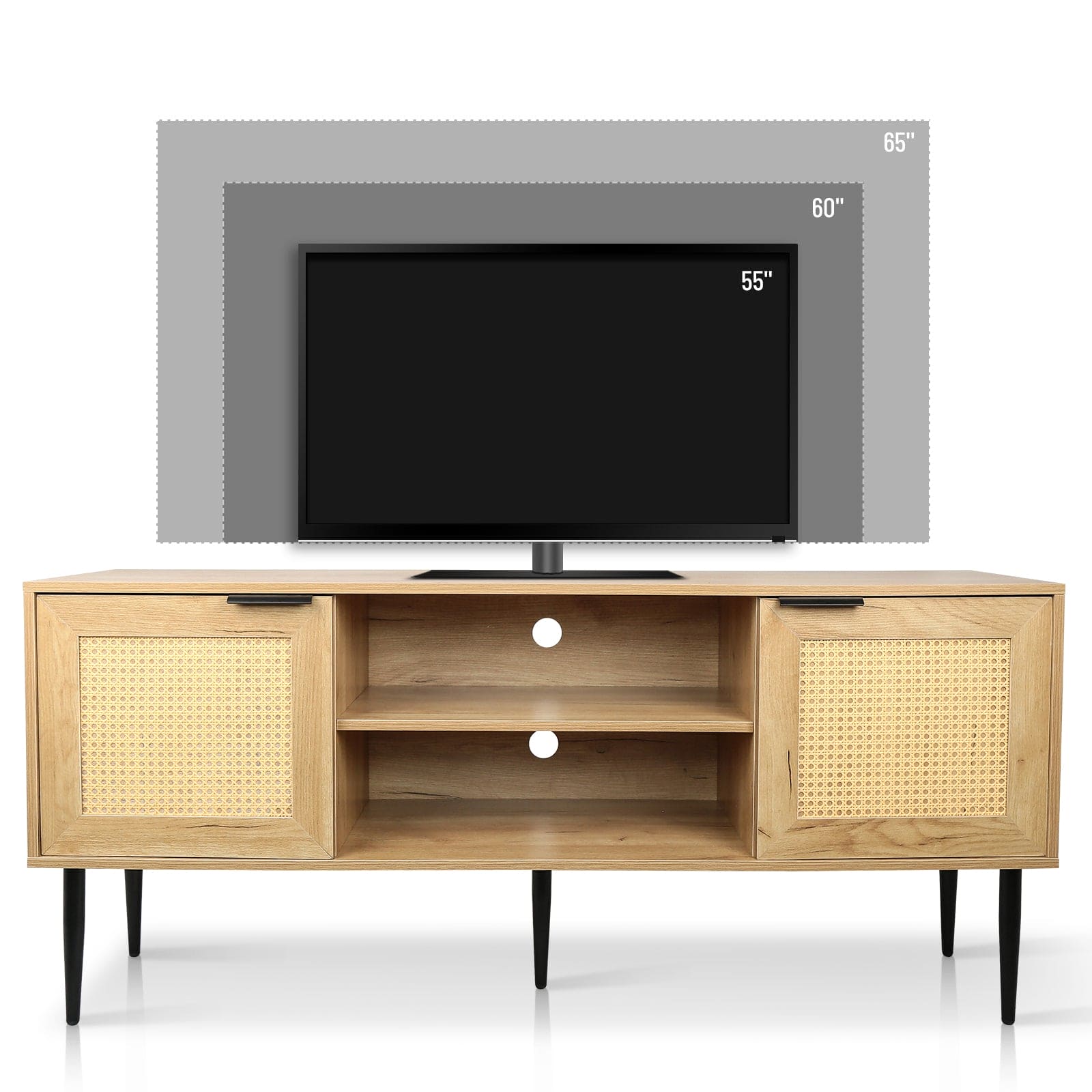 Wooden TV Stand for TVs up to 65 Inches,with 2  Rattan Decorated Doors  and 2 Open Shelves,Living Room TV Console Table Wooden Entertainment Unit, Natural Color