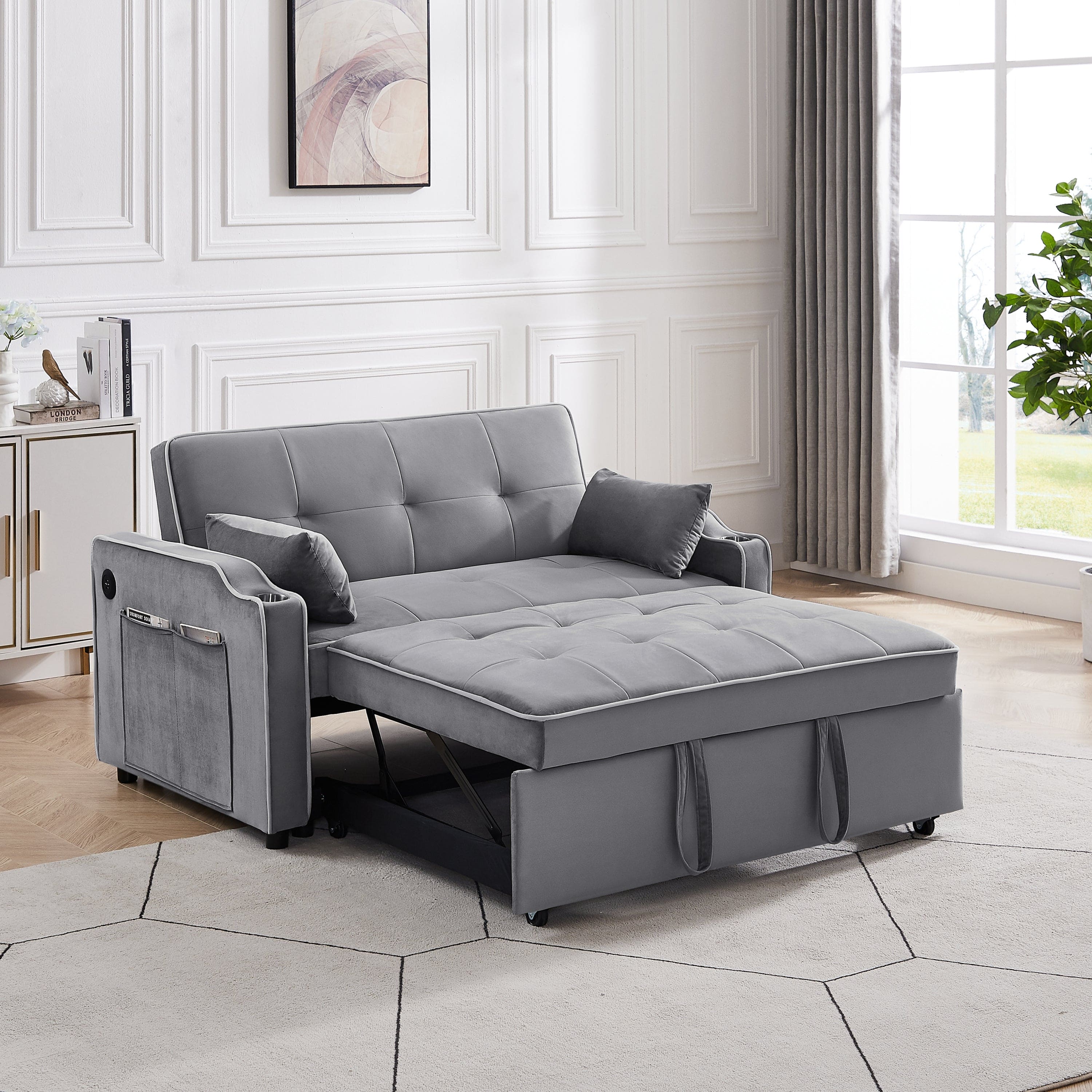 Sofa Bed, 3 in 1 Convertible Sofa Chair Bed, Adjustable Backrest Chair, Chaise Lounge with USB Ports, Cup Holder, Side Pocket,GRAY