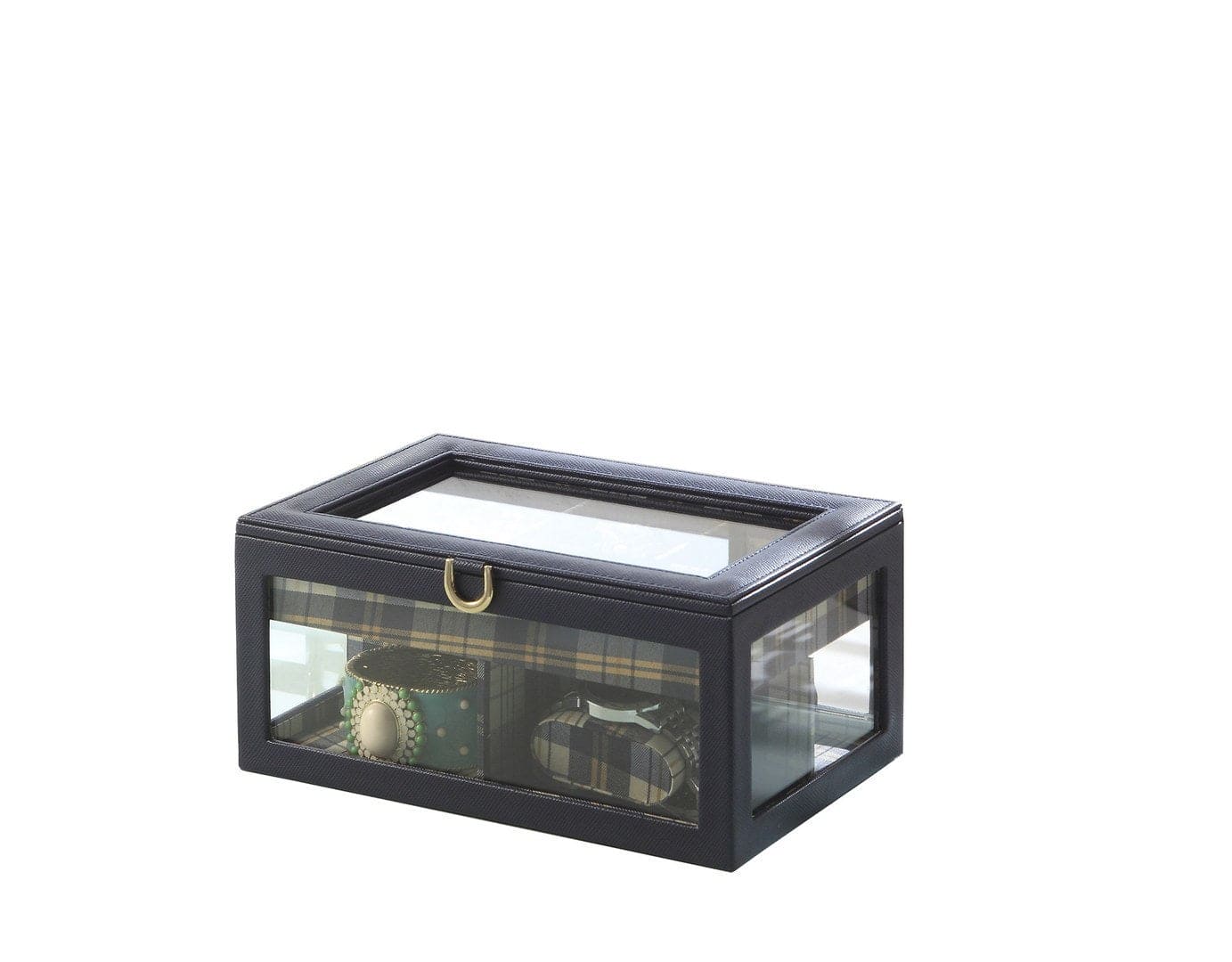 9.8" Long Tempered Glass and Leather Jewelry Case / Watch Display, Blue