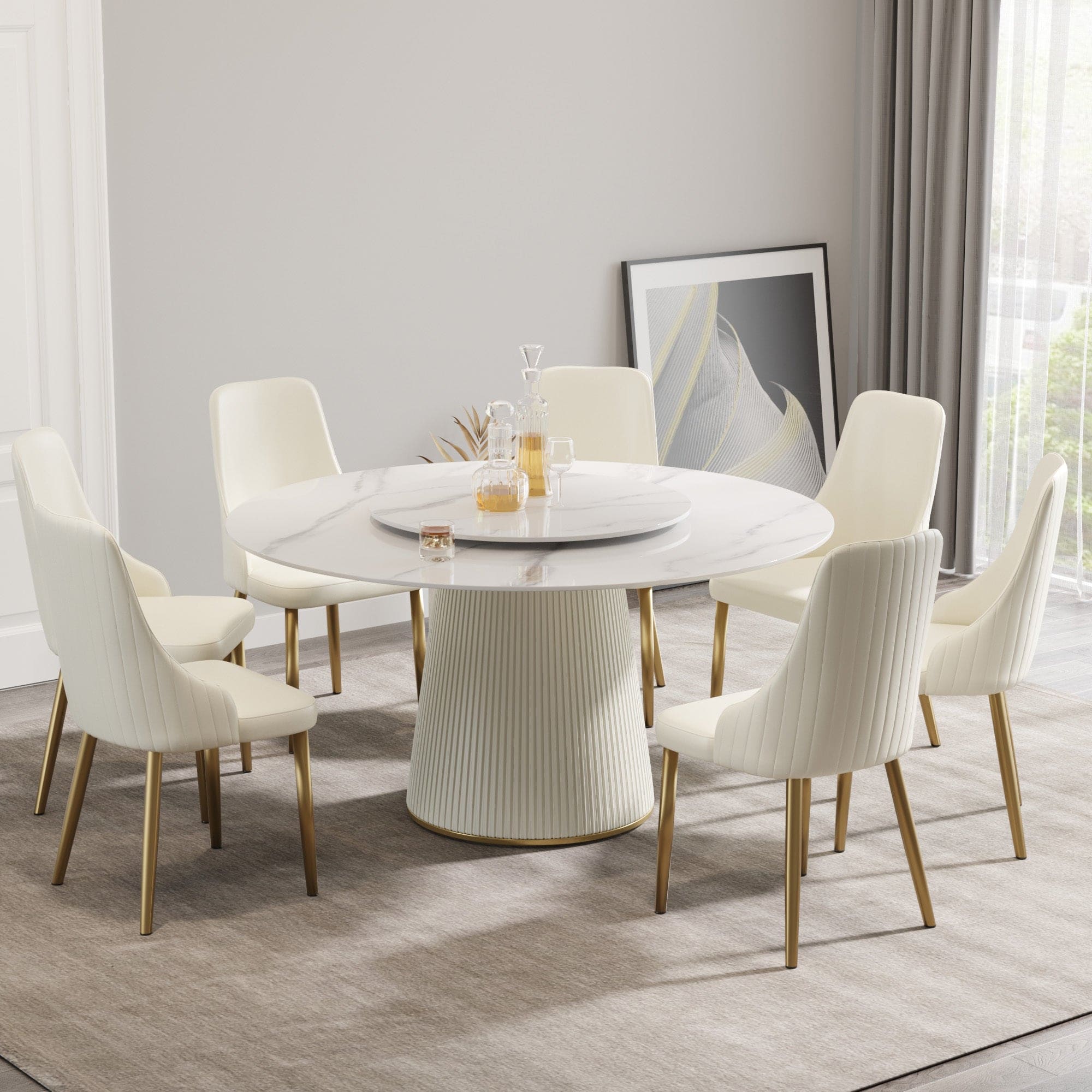 59.05 "Modern white artificial stone round beige plywood PU base dining table-can accommodate 8 people-31.5"white artificial stone turntable (Not including chairs. )