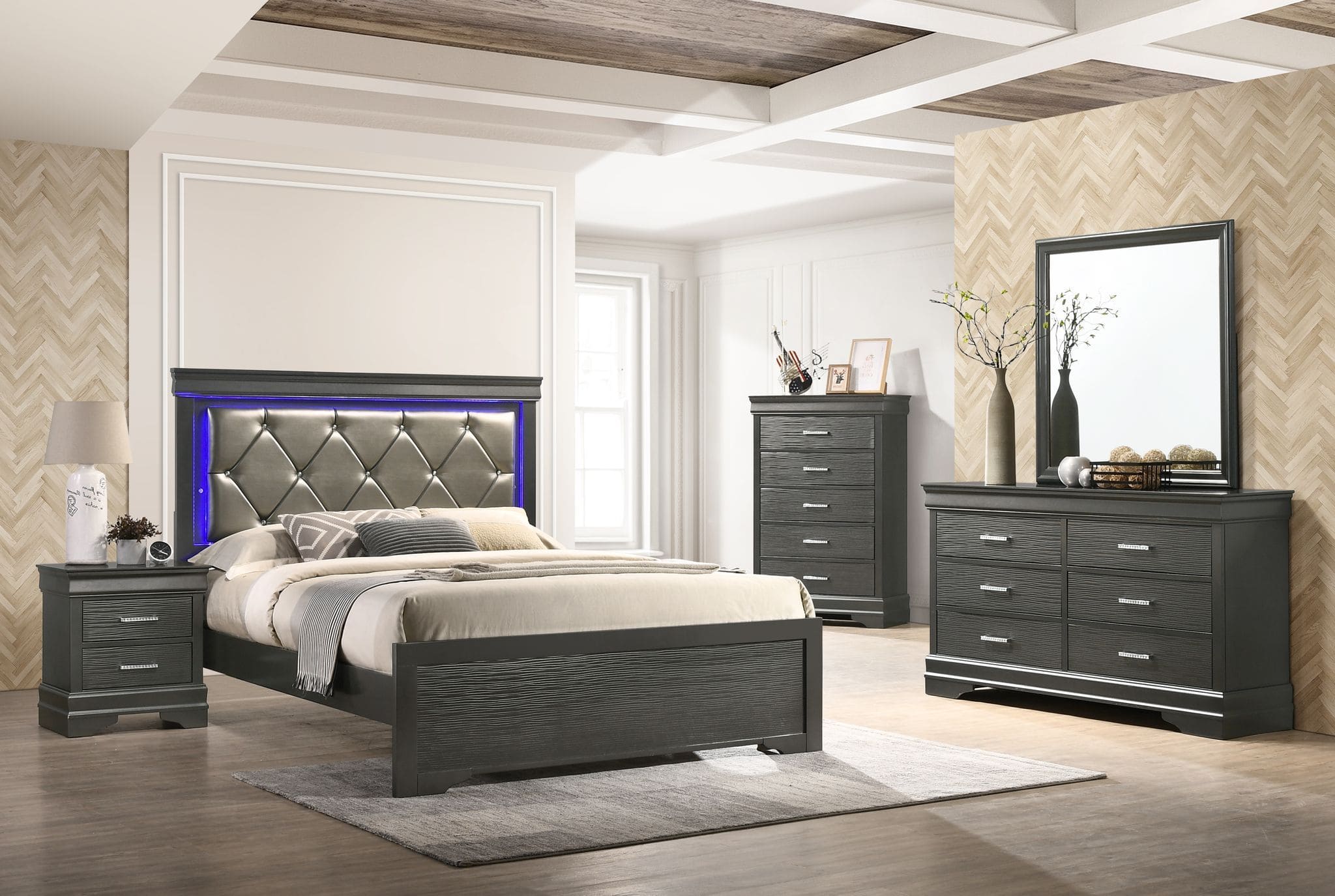 Brooklyn Full 4 Piece LED Bedroom set made with Wood in Gray