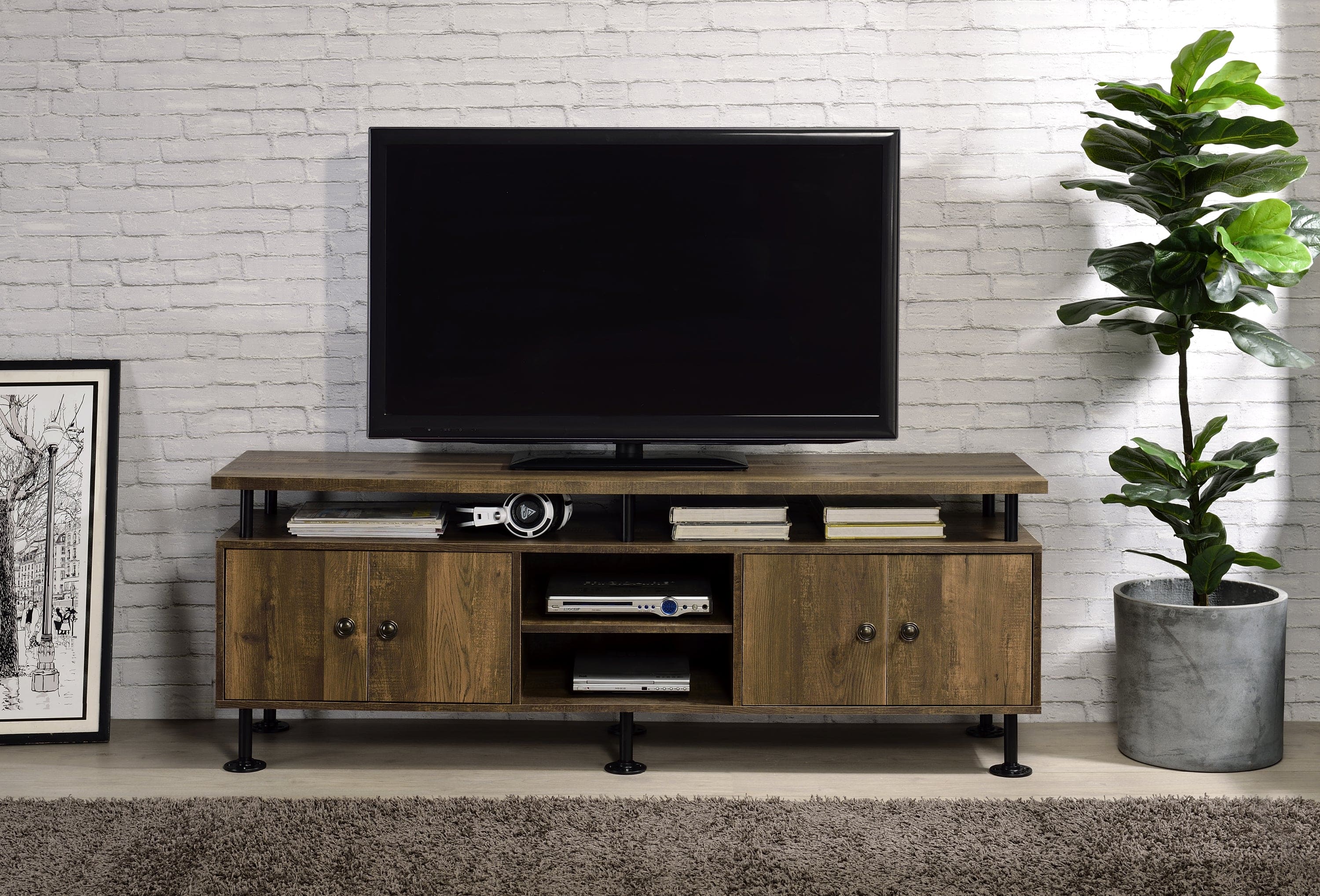 ACME Ensata II TV Stand  in Rustic Oak  & Black Finish LV00142