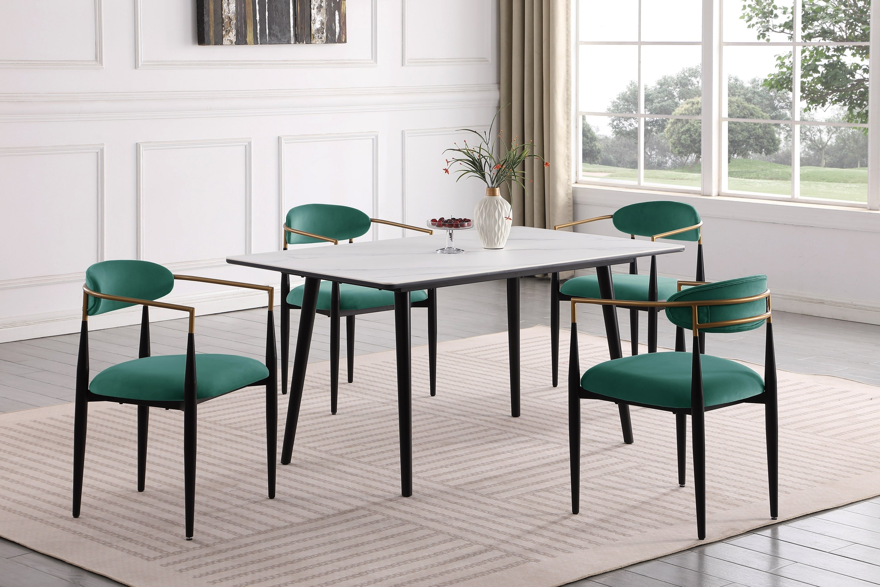 Modern Contemporary 5pc Dining Set White Sintered Stone Table and Green Chairs Fabric Upholstered Stylish Furniture