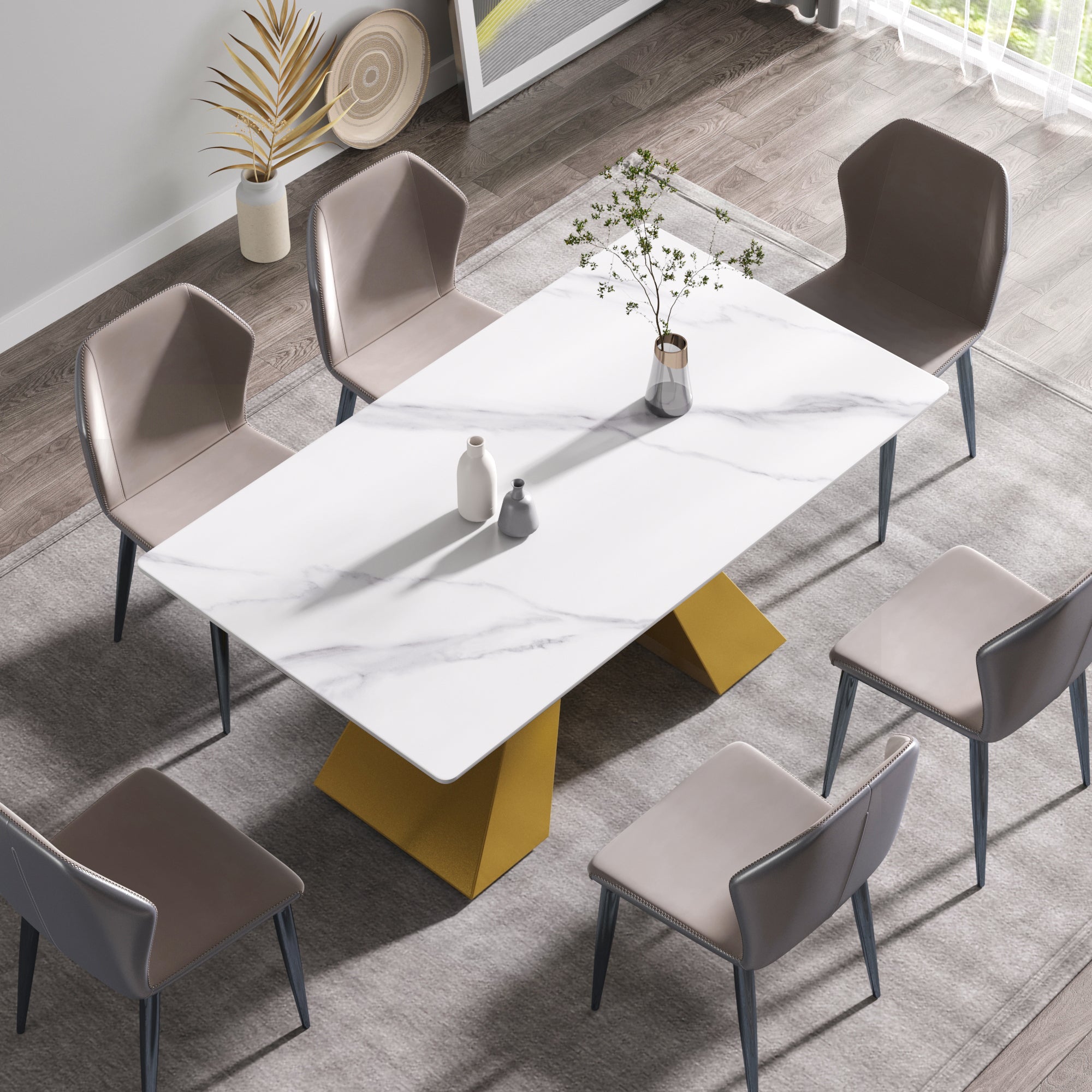 63"Modern artificial stone white straight edge golden metal leg dining table -6 people