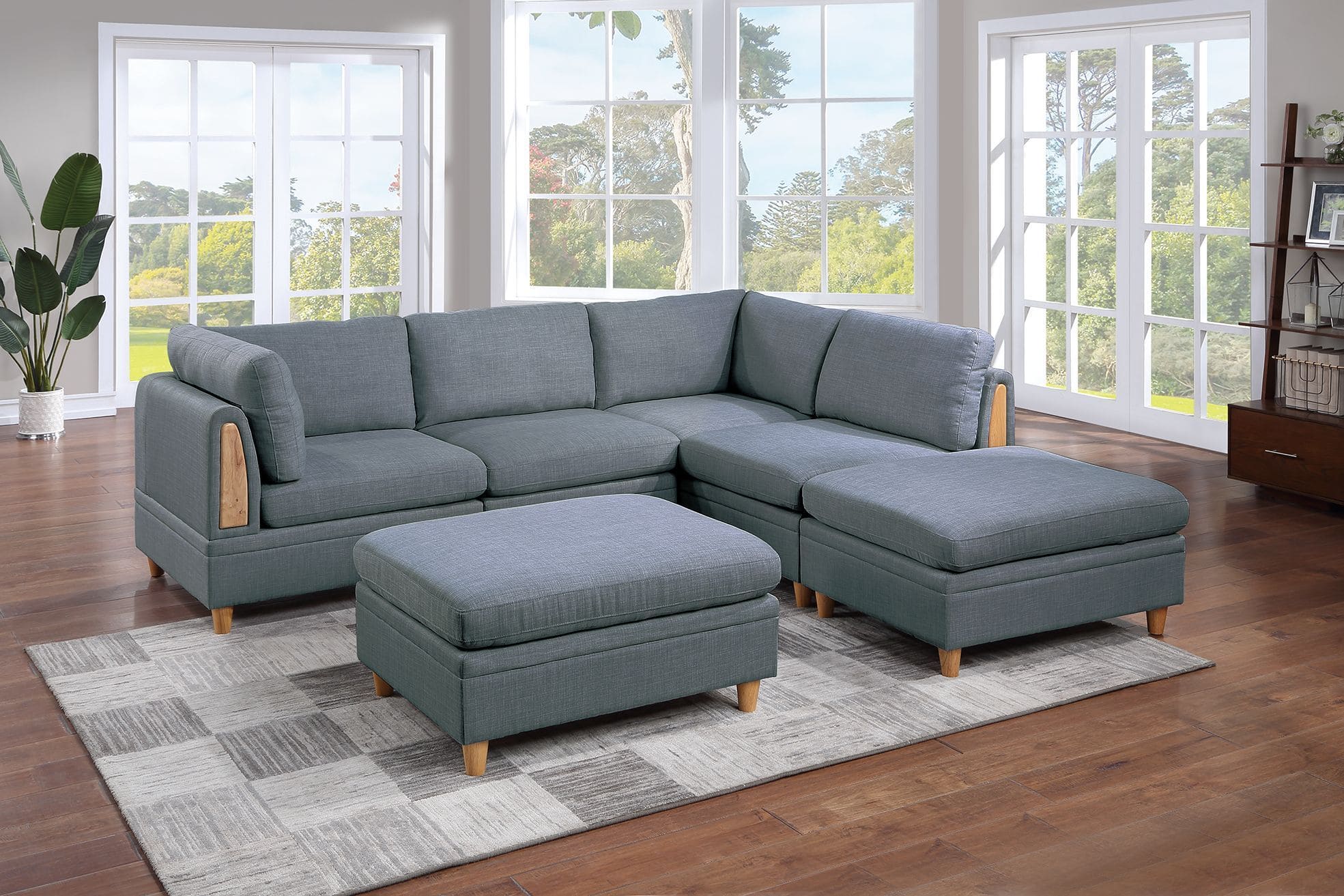 Contemporary Living Room Furniture 6pc Modular Sectional Set Steel Dorris Fabric Couch 2x Wedges 2x Armless Chair And 2x Ottomans