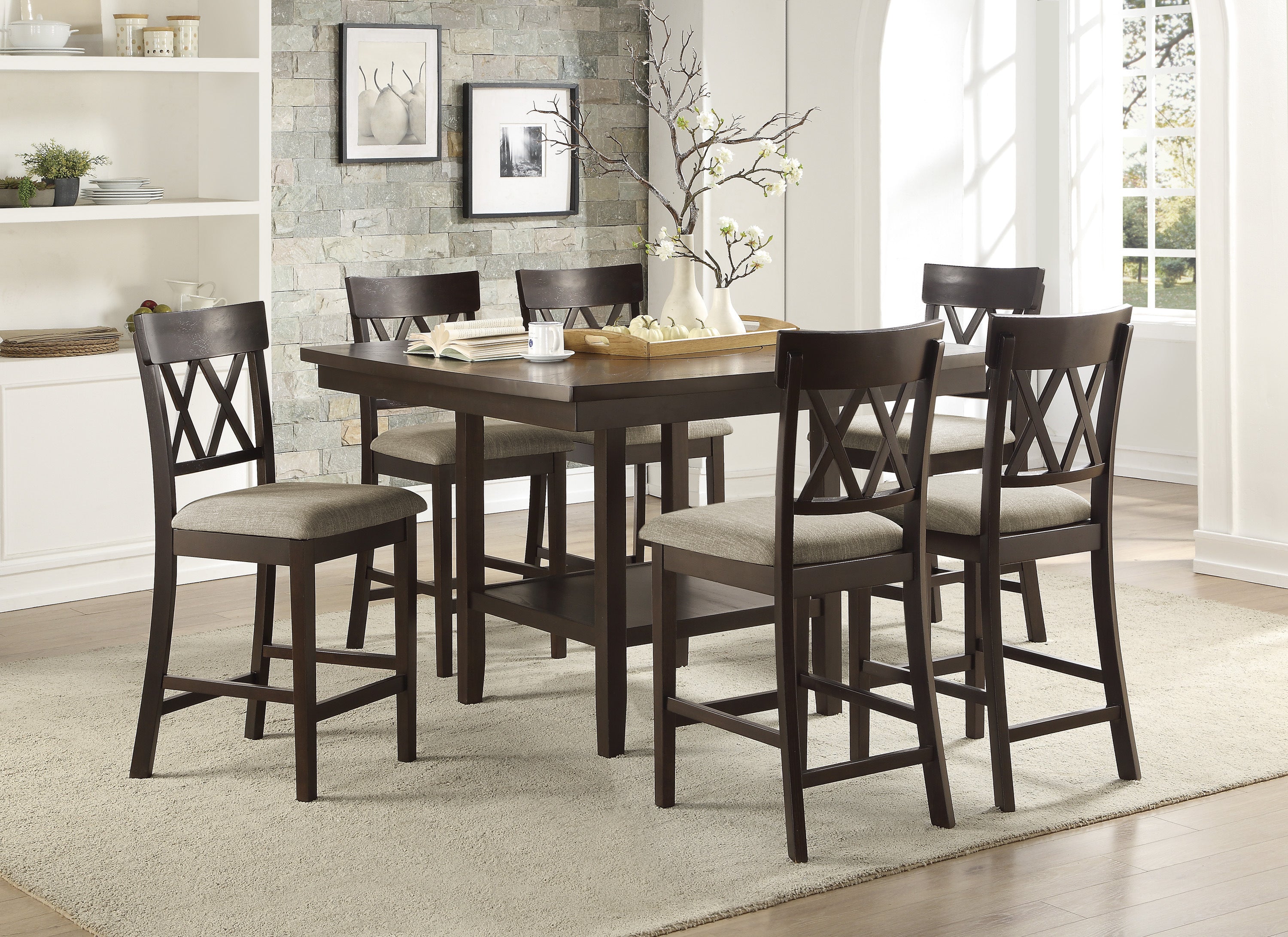 Dark Brown Finish Counter Height Table with Lazy Susan Lower Display Shelf and 6x Counter Height Chairs Contemporary Dining 7pc Set Wooden Furniture