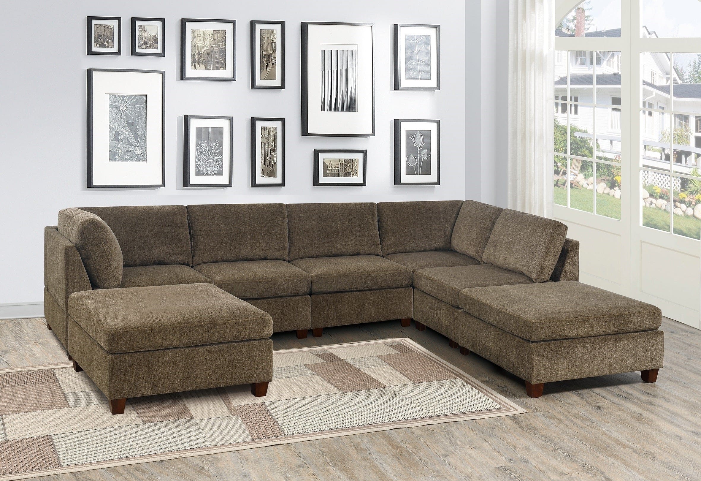 Living Room Furniture Tan Chenille Modular Sectional 7pc Set U-Sectional Modern Couch 2x Corner Wedge 3x Armless Chairs and 2x Ottoman Plywood