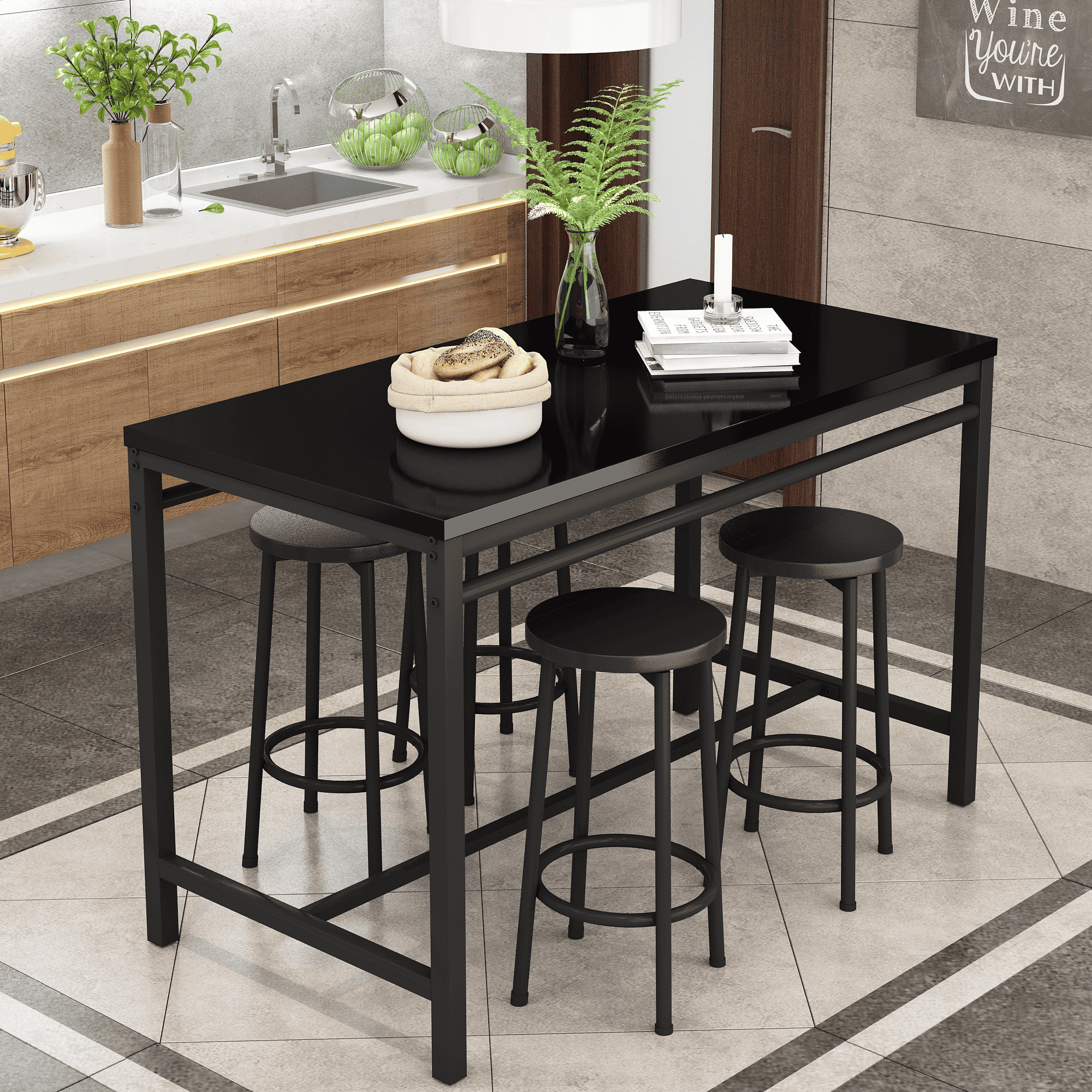 5-piece rural kitchen table with four bar stools, metal frame and MDF, black