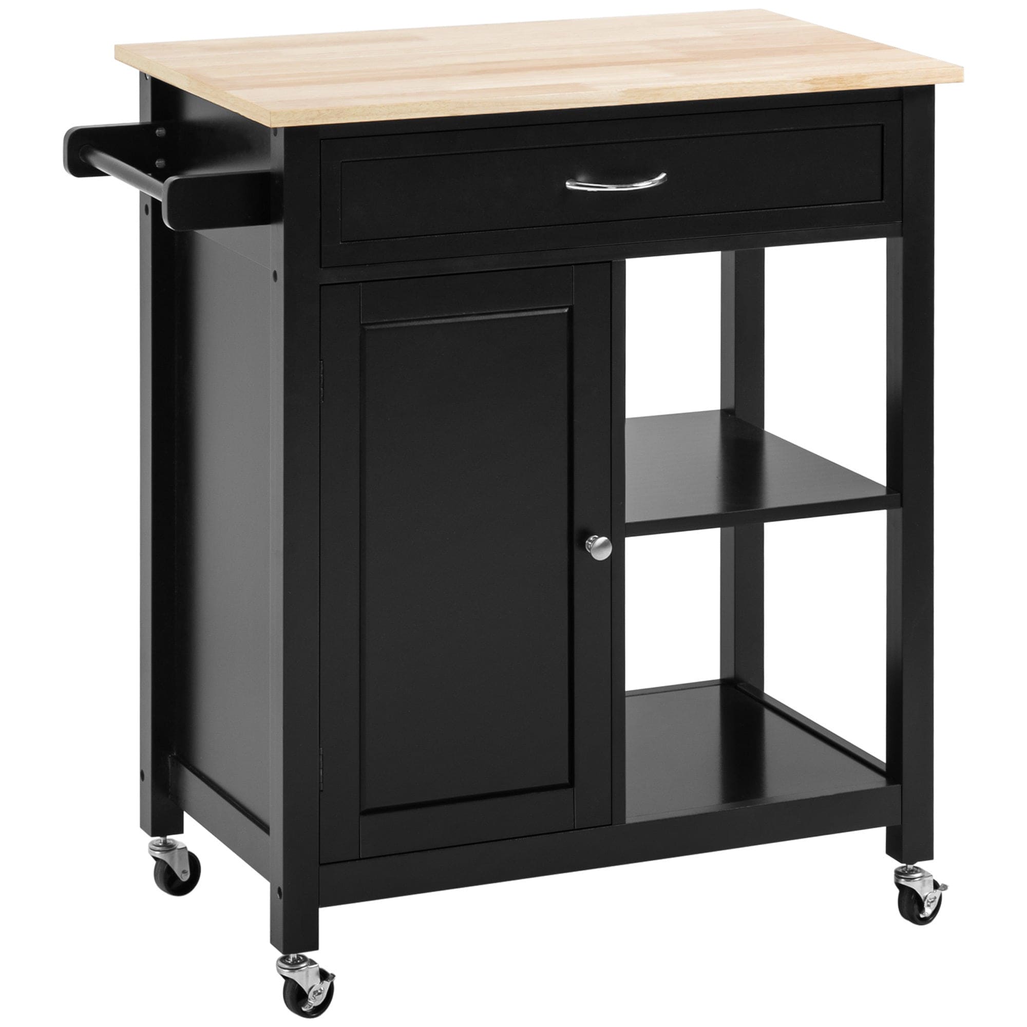 HOMCOM Kitchen Island Cart, Rolling Kitchen Island with Storage, Solid Wood Top, Drawer, for Dining Room, Black