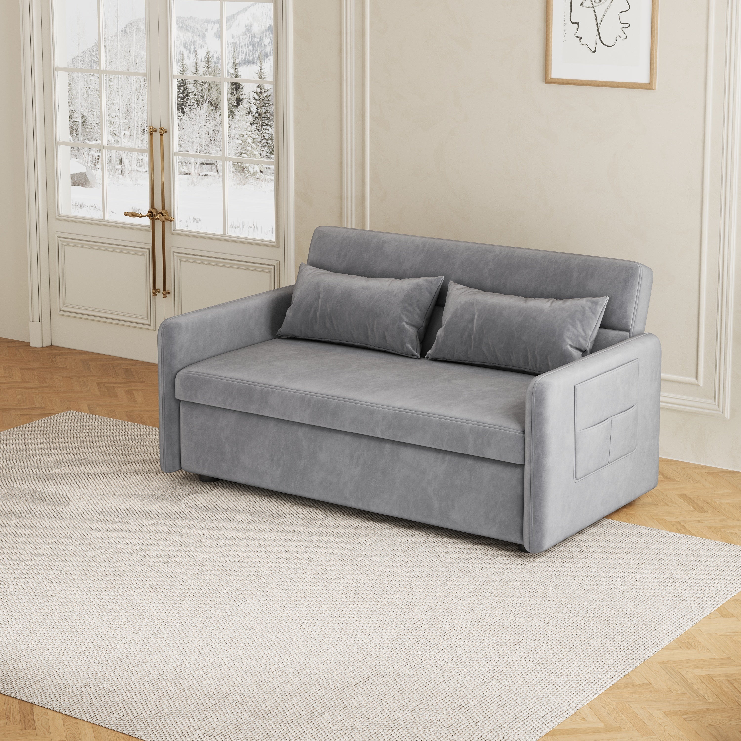 Sofa Pull Out Bed Included Two Pillows 54" Grey Velvet Sofa for Small Spaces