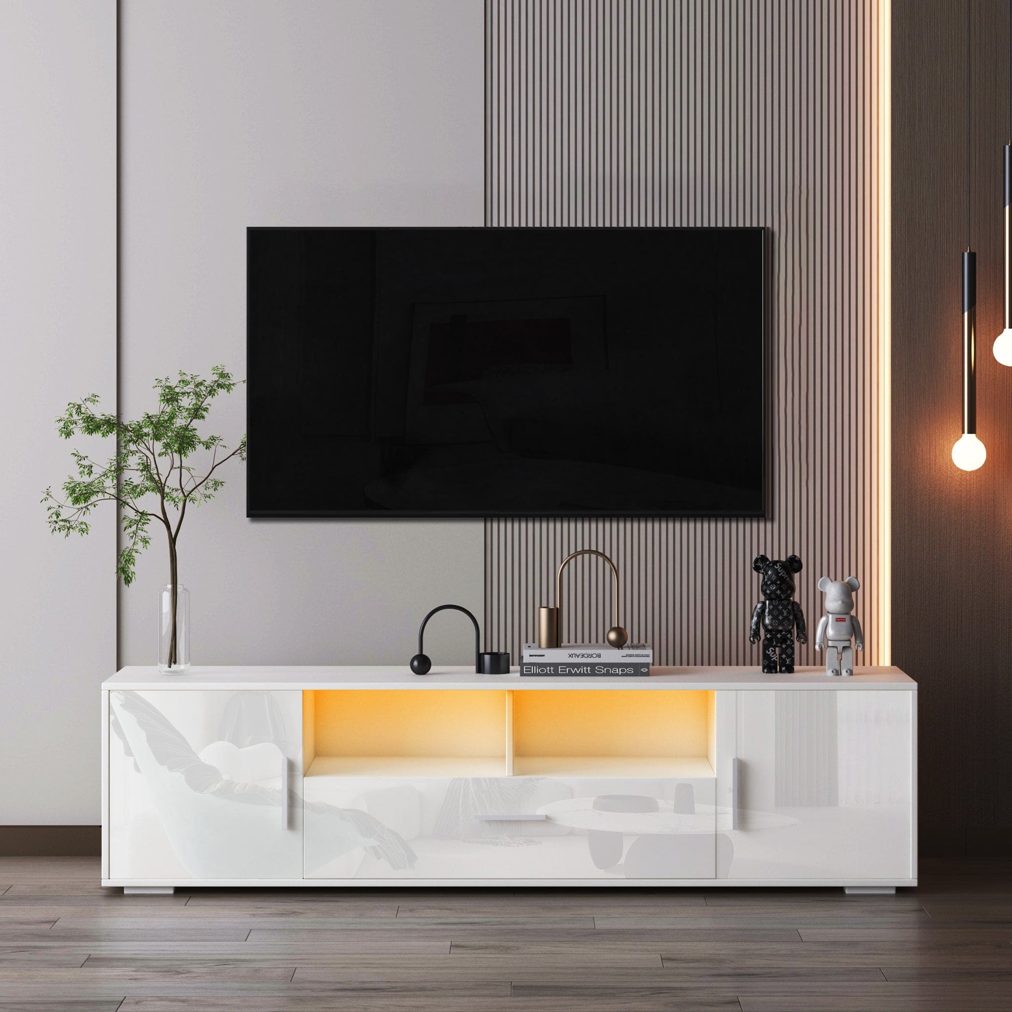 QuickassembleFashionTVstand,TVCabinet,entertainment center TV station,TVconsole,console with LED light belt, light belt can be remote control,with cabinets,open cells,for the living room,bedroom,white