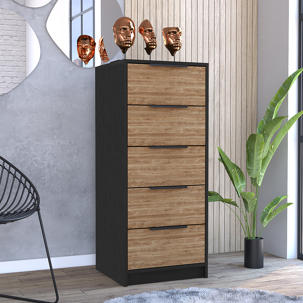 5 Drawers Dresser Maryland, Metal Handle, Black Wengue / Pine Finish