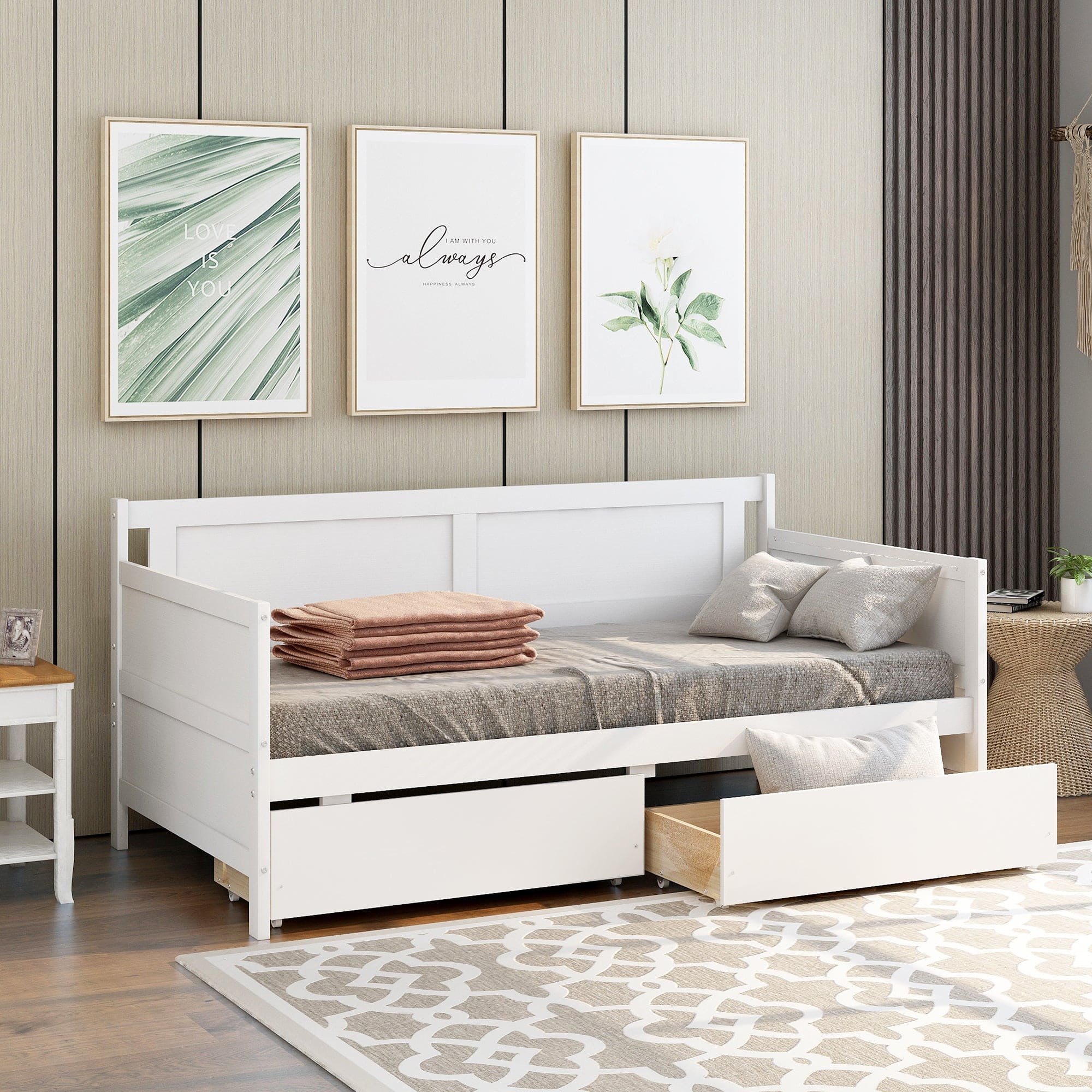 Daybed with two drawers, Twin size Sofa Bed, Two Storage Drawers for Bedroom,Living Room ,White