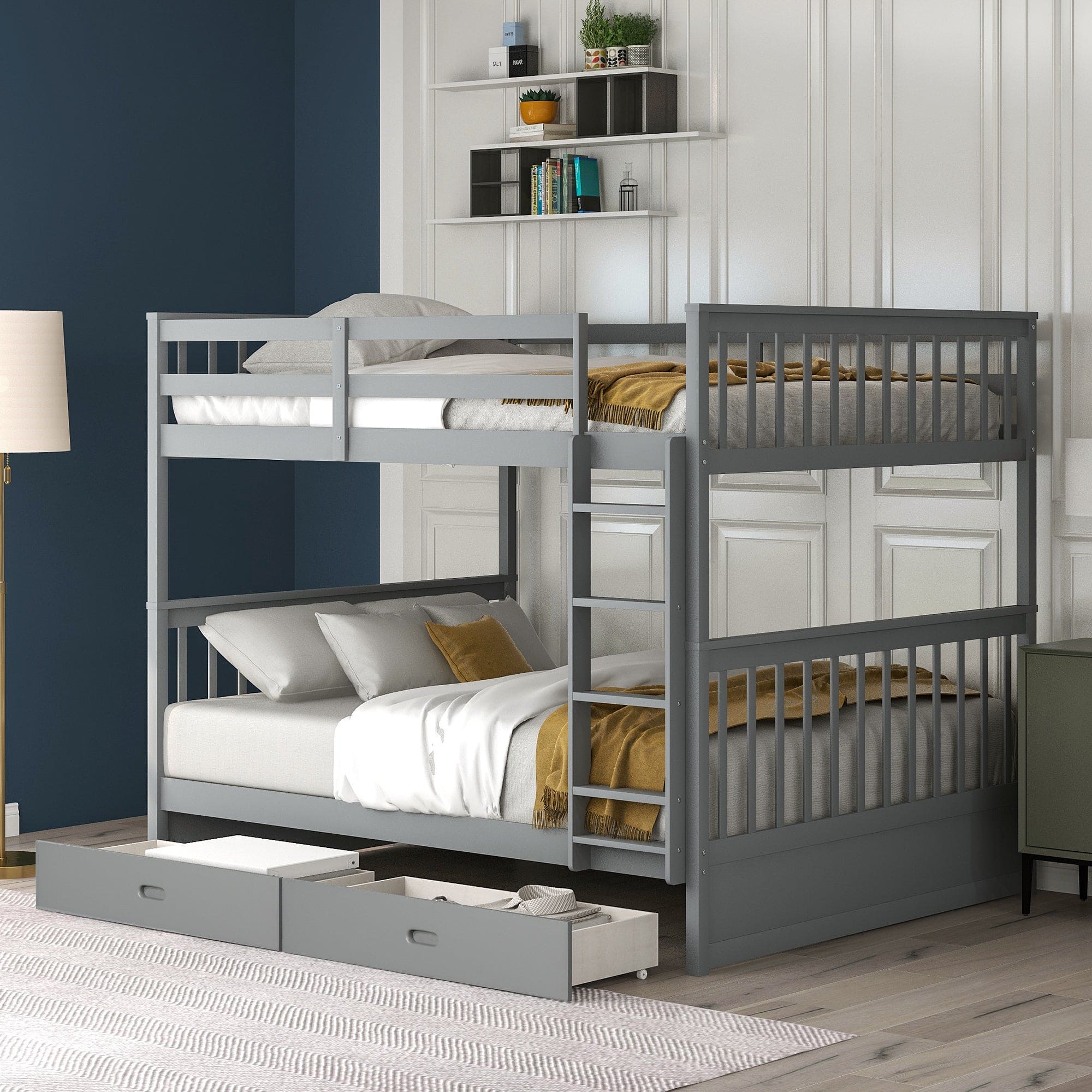 Full-Over-Full Bunk Bed with Ladders and Two Storage Drawers (Gray)(OLD SKU:LT000365AAE)