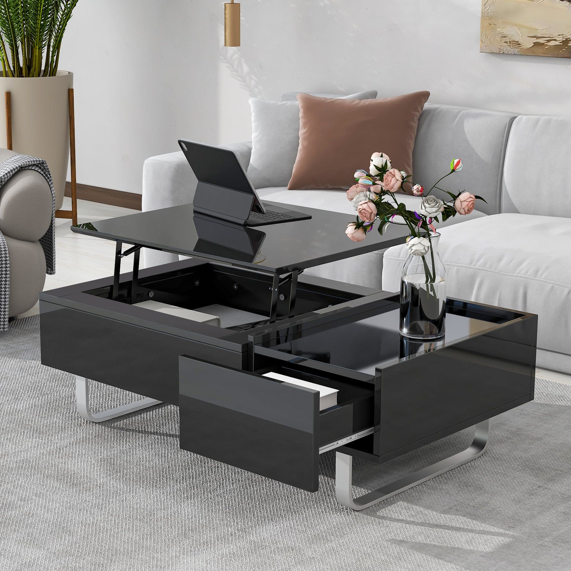 ON-TREND Multi-functional Coffee Table with Lifted Tabletop, Contemporary Cocktail Table with Metal Frame Legs, High-gloss Surface Dining Table for Living Room, Black