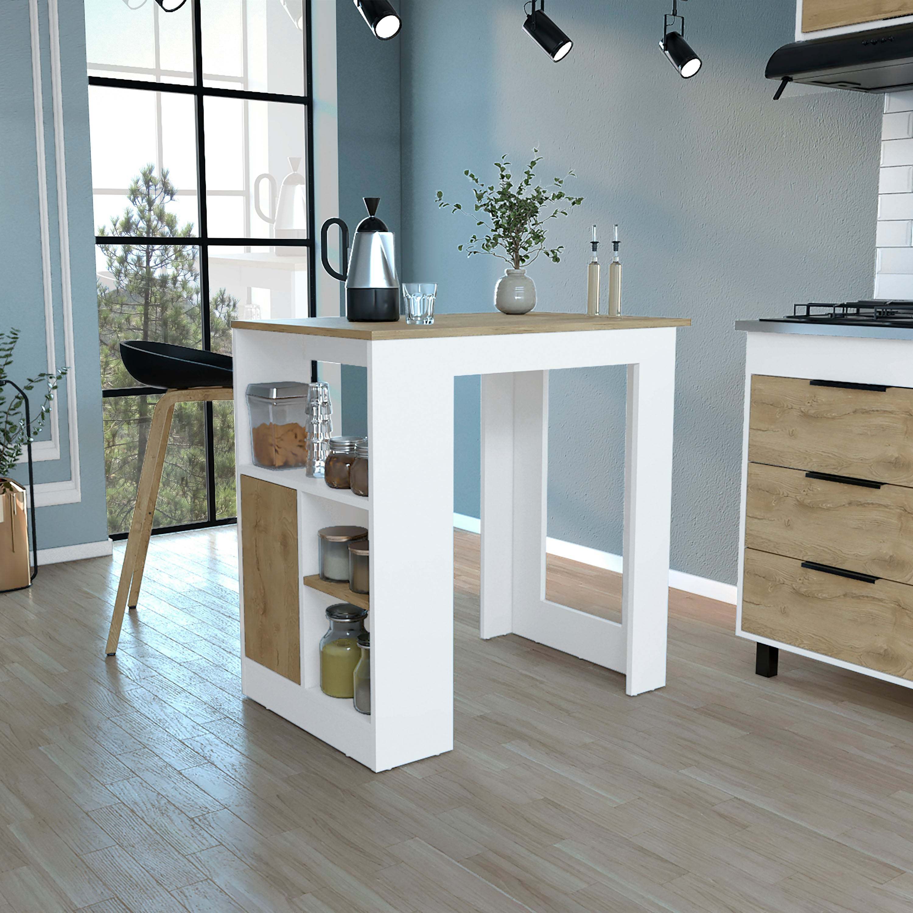 DEPOT E-SHOP Masset Kitchen Island with Side Shelve and Push to open Cabinet , White / Macadamia