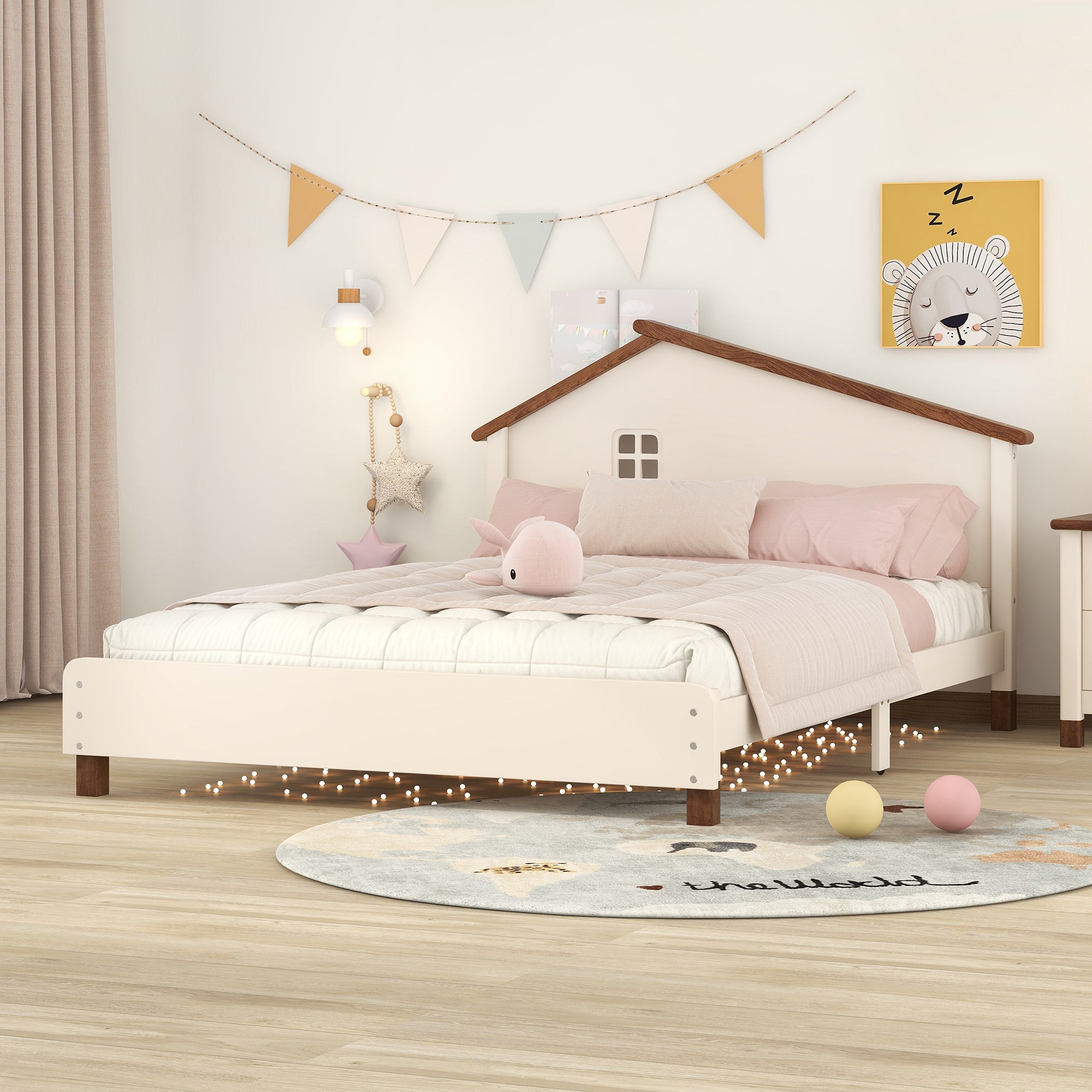 Full Size Wood Platform Bed with House-shaped Headboard  (Cream+Walnut)