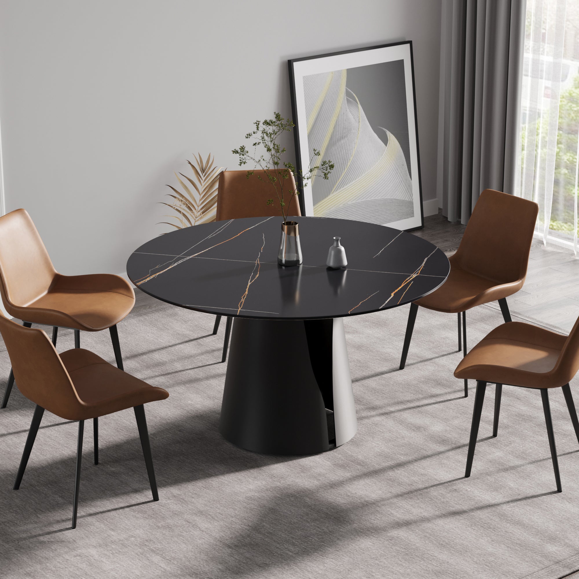 53.15"Modern artificial stone round black carbon steel base dining table-can accommodate 6 people