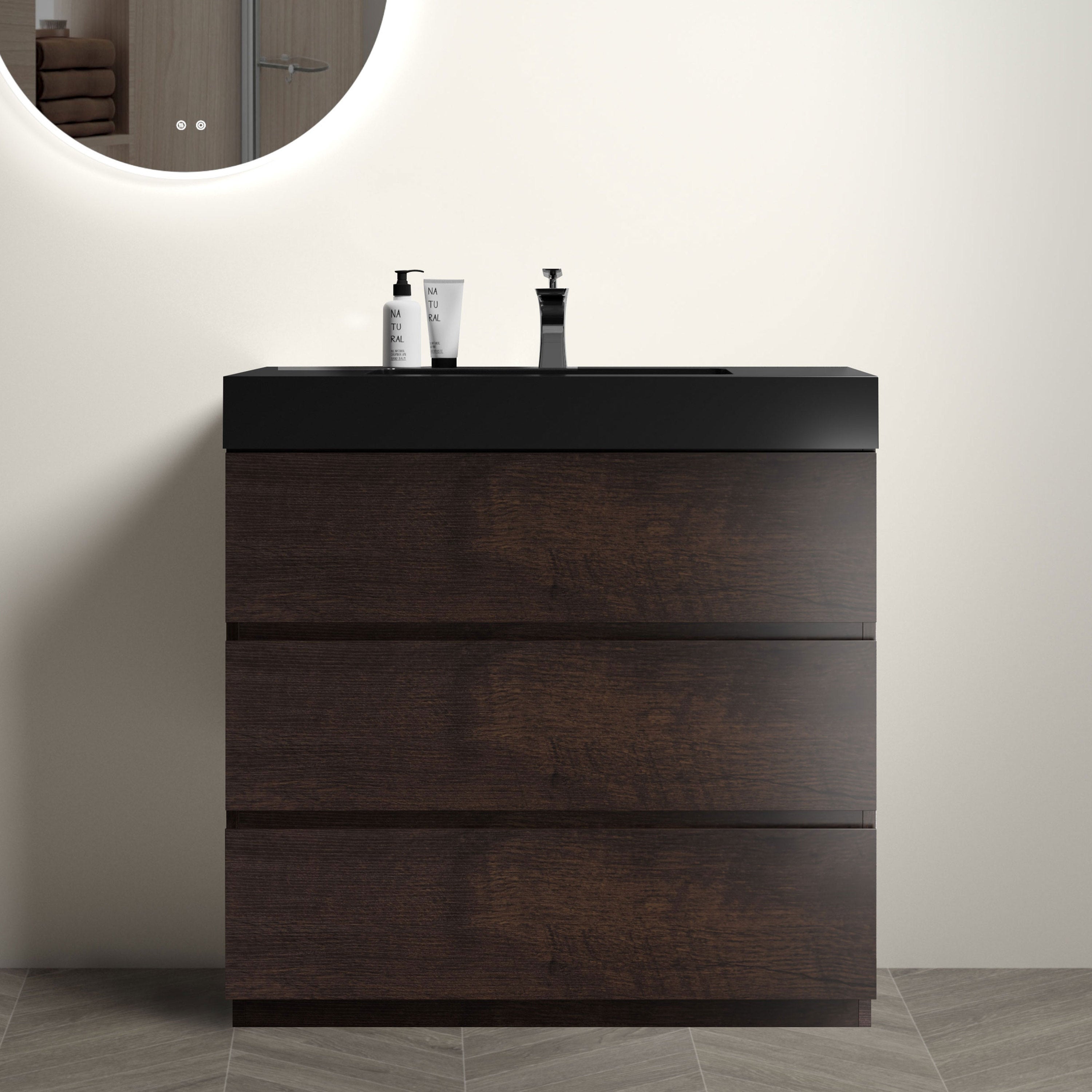 Alice 36" Walnut Bathroom Vanity with Sink, Large Storage Freestanding Bathroom Vanity for Modern Bathroom, One-Piece Black Sink Basin without Drain and Faucet