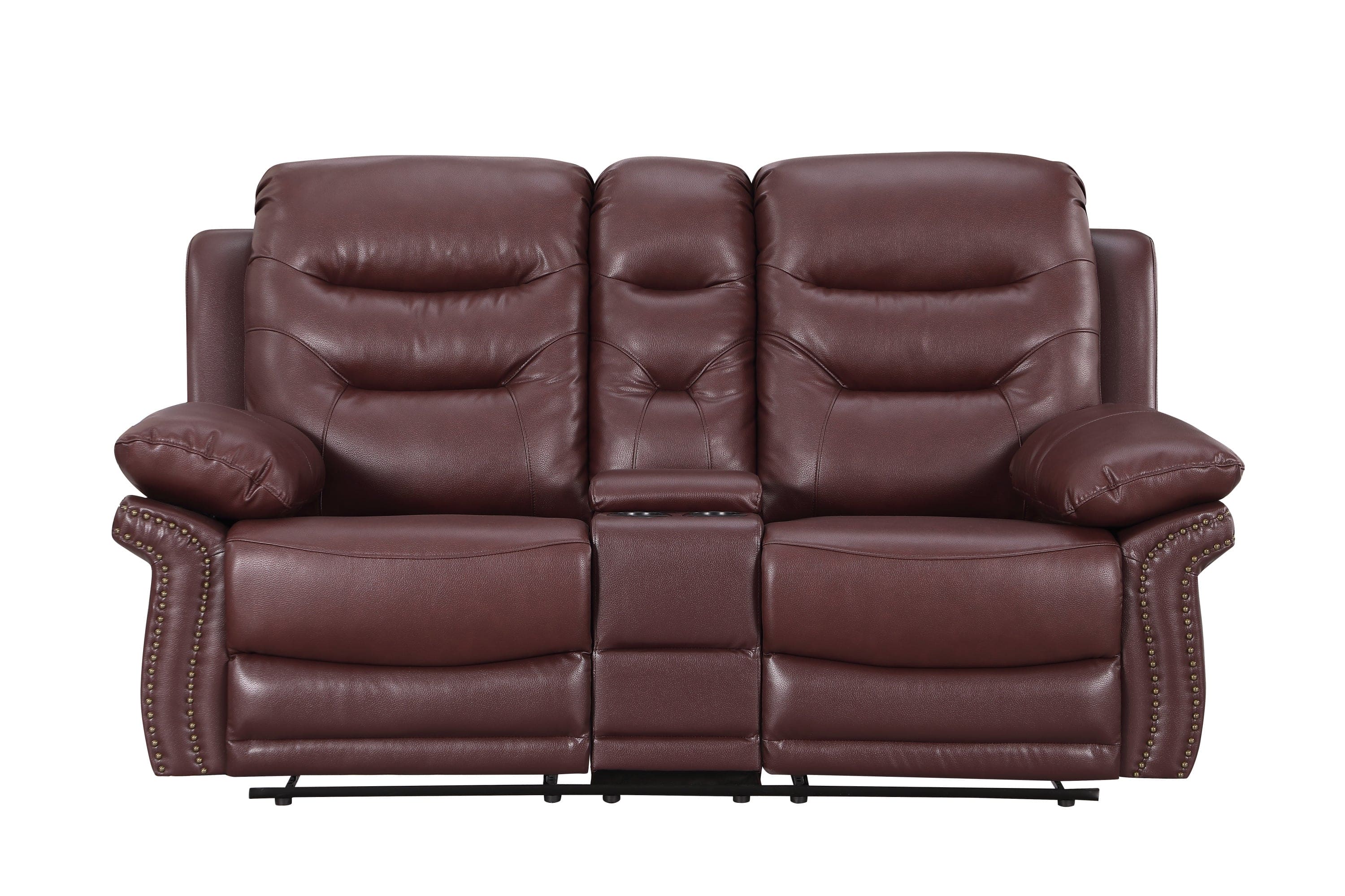 Global United  Leather Air Upholstered Reclining Console Loveseat with Fiber Back