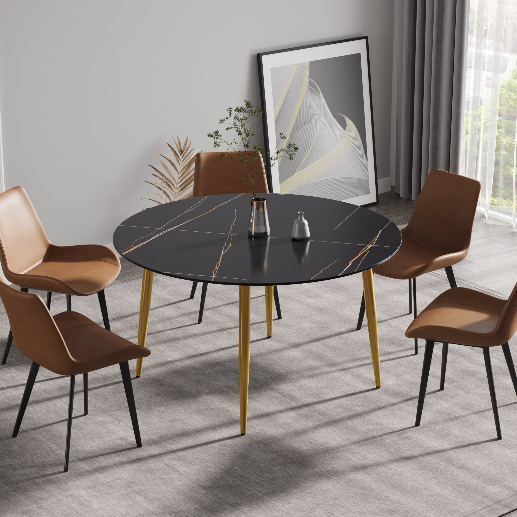 53.15 " modern artificial stone black round dining table with golden metal legs-can accommodate 6 people.