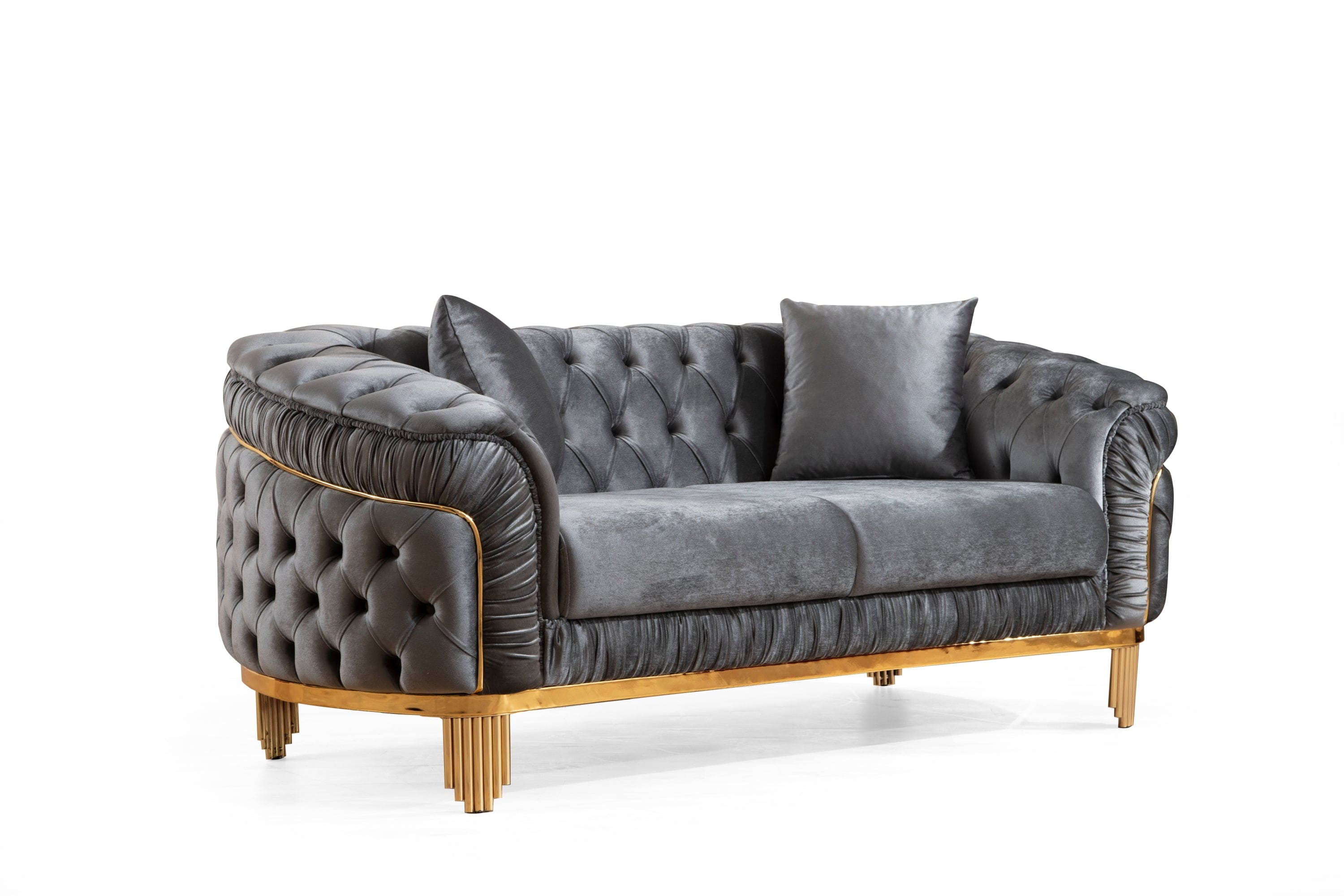 Vanessa Loveseat in Grey and Gold with Fabric button-tufted velvet upholstery Finish