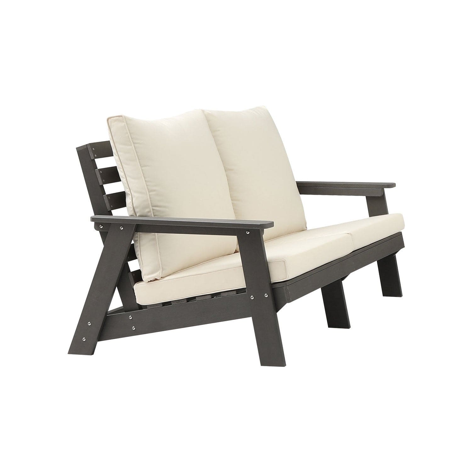 HIPS Loveseat with Cushion, Wood Grain Outdoor Garden Sofa, Sofa Set for Porch, Poolside, Terrace, and Yard Grey/Beige