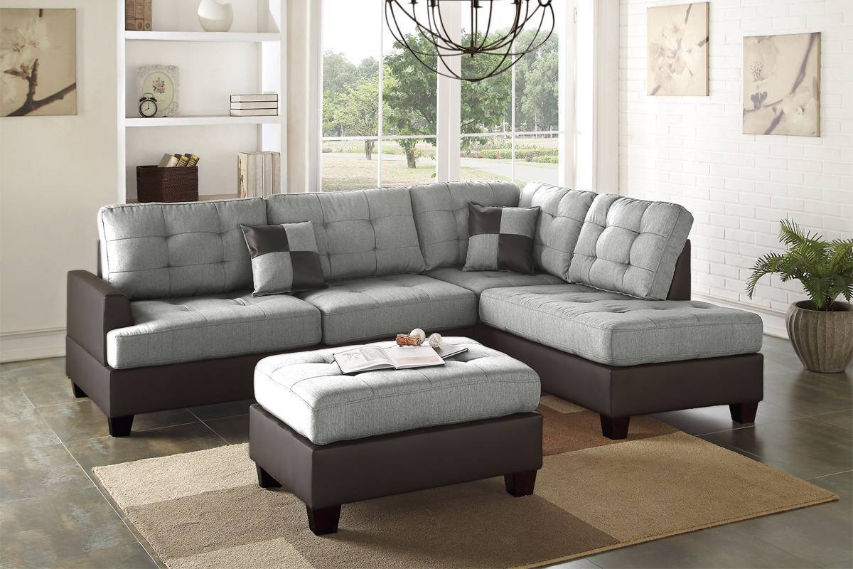 Contemporary Sectional Sofa Grey Polyfiber Linen Like Fabric Cushion Tufted Reversible 3pc Sectional Sofa L/R Chaise Ottoman Living Room Furniture Pillows