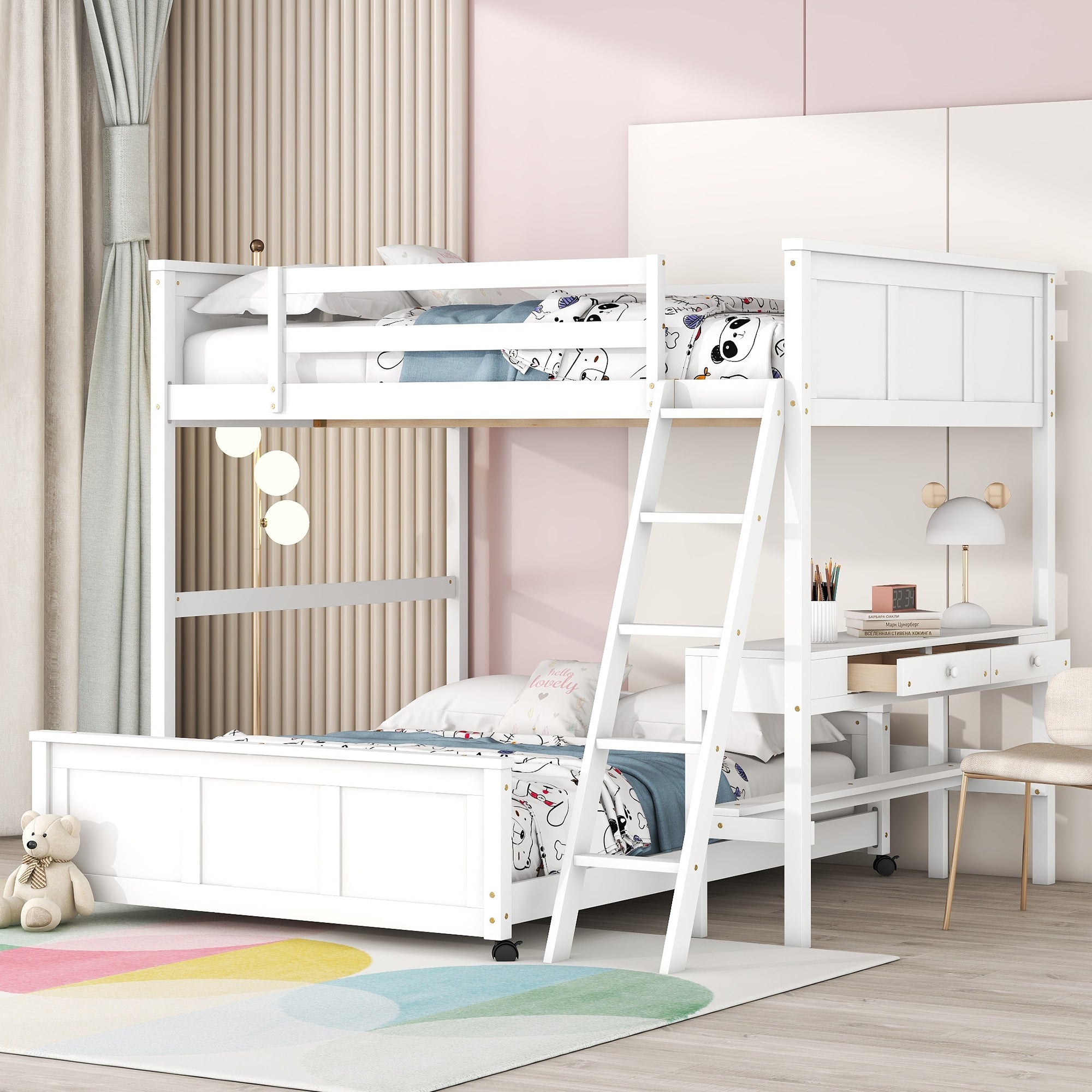 Full Over Full Bunk Bed with Desk, White