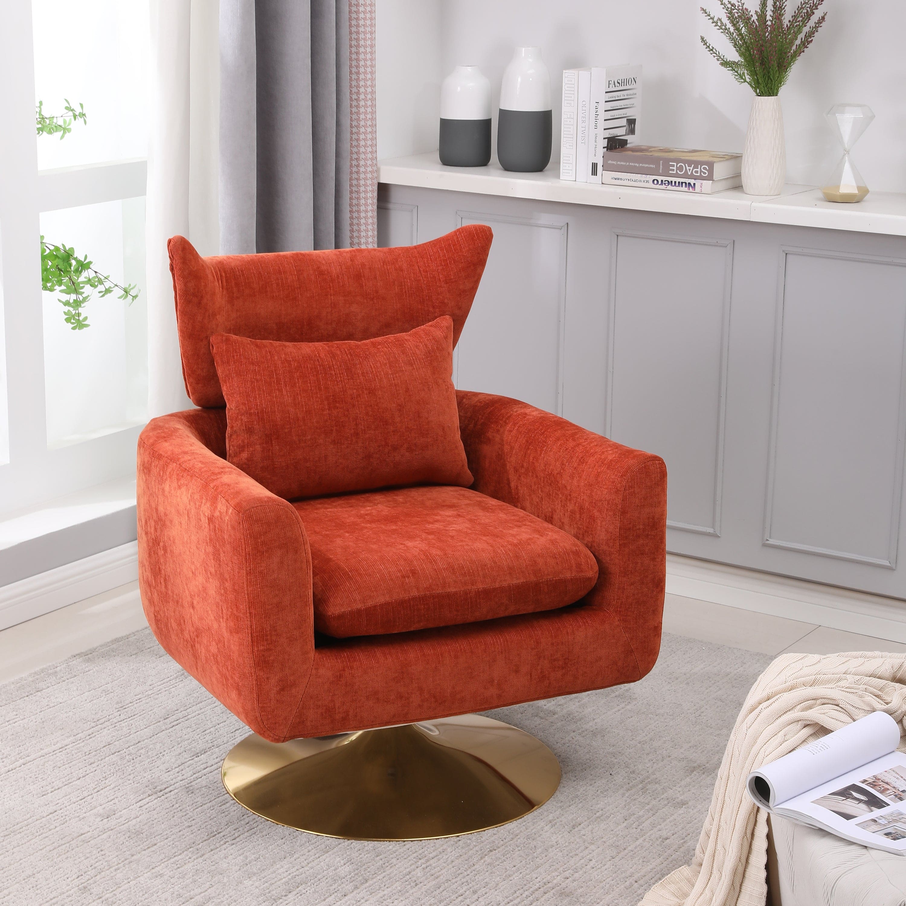 Classic Mid-Century 360-degree Swivel  Accent Chair, Orange Linen