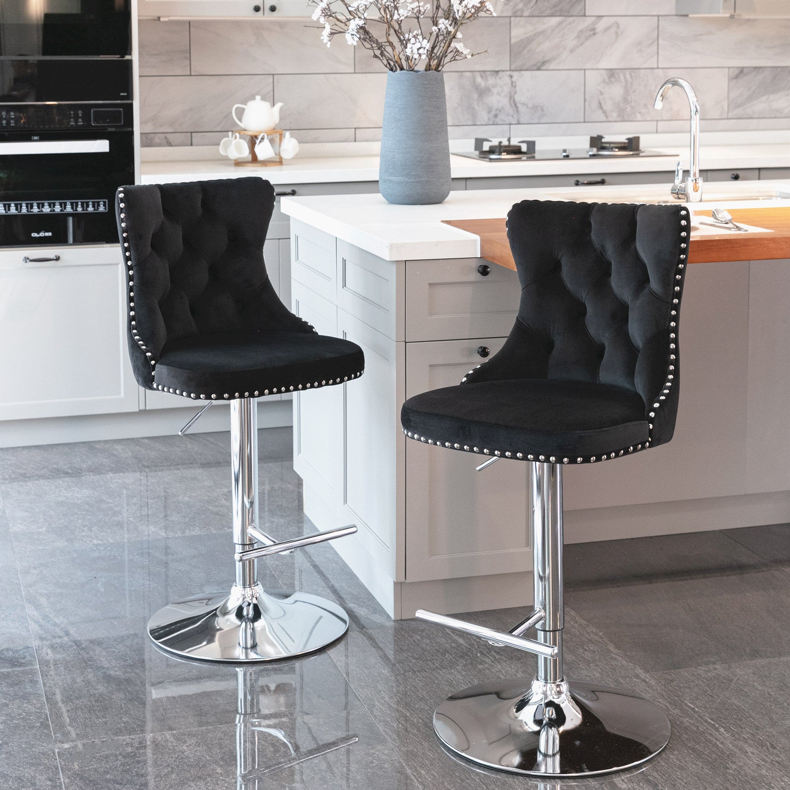 A&A Furniture,Swivel Velvet Barstools Black,Set of 2