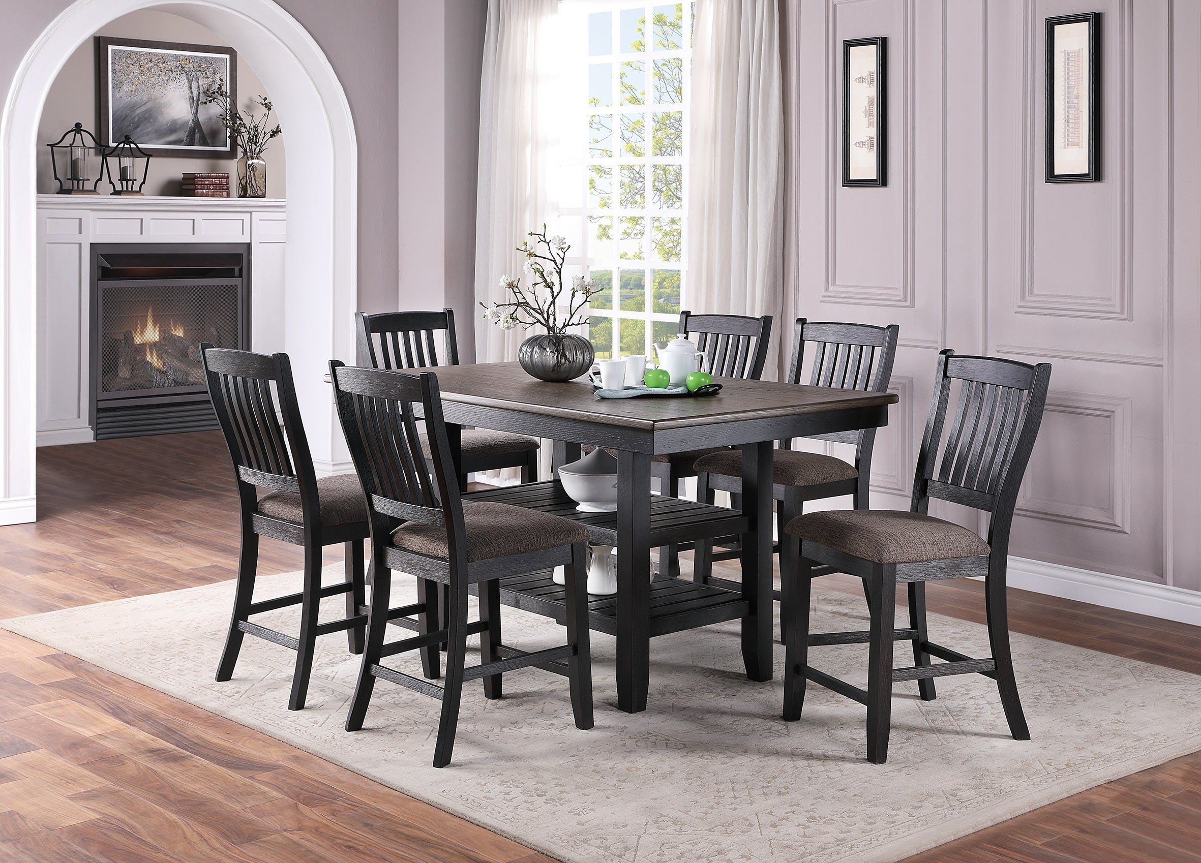 Transitional Dining Room 7pc Set Dark Coffee Rubberwood Counter Height Dining Table w 2x Shelfs and 6x High Chairs Fabric Upholstered seats Unique Back Counter Height Chairs