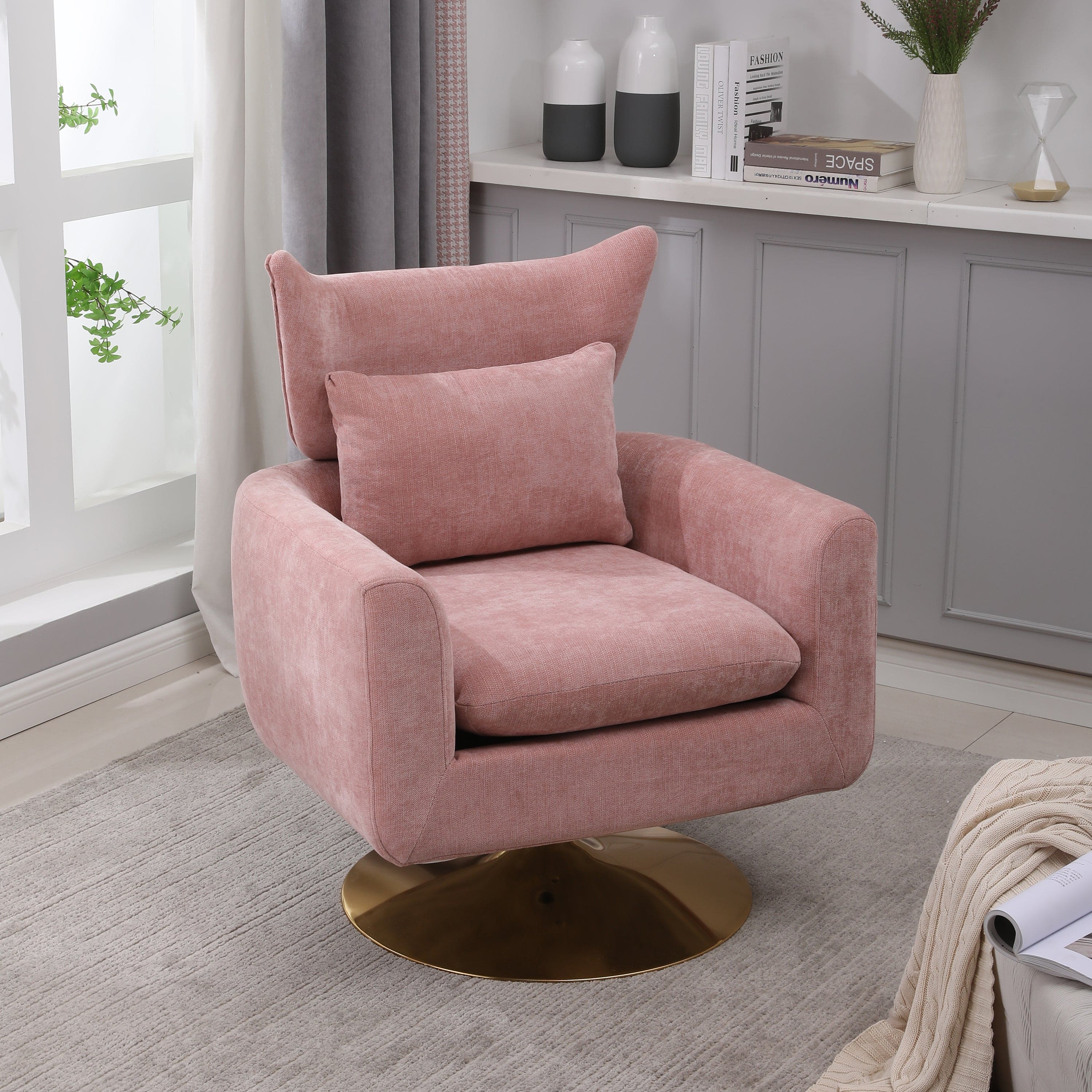 Classic Mid-Century 360-degree Swivel  Accent Chair, Pink Linen